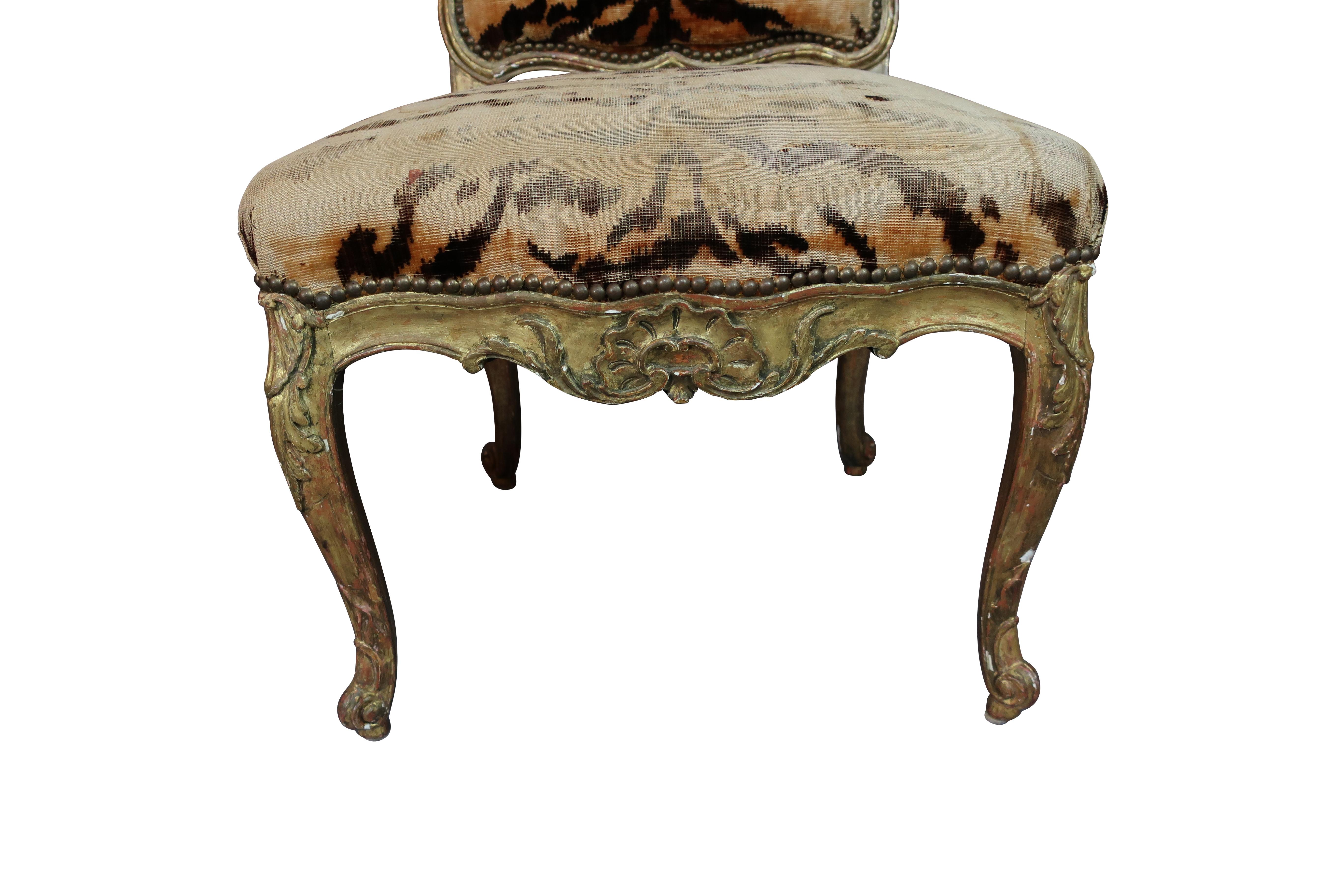 Italian Hand Carved Florentine Gilt Chairs with Original Animal Print Fabric 1