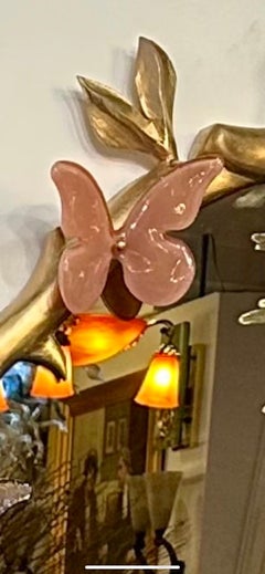 Pair of Italian Hand Carved Gilded Wood Mirrors with Murano Glass Butterflies