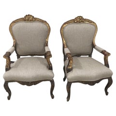 Pair of Italian Hand-Carved Giltwood Fauteuil Armchairs, 19th Century