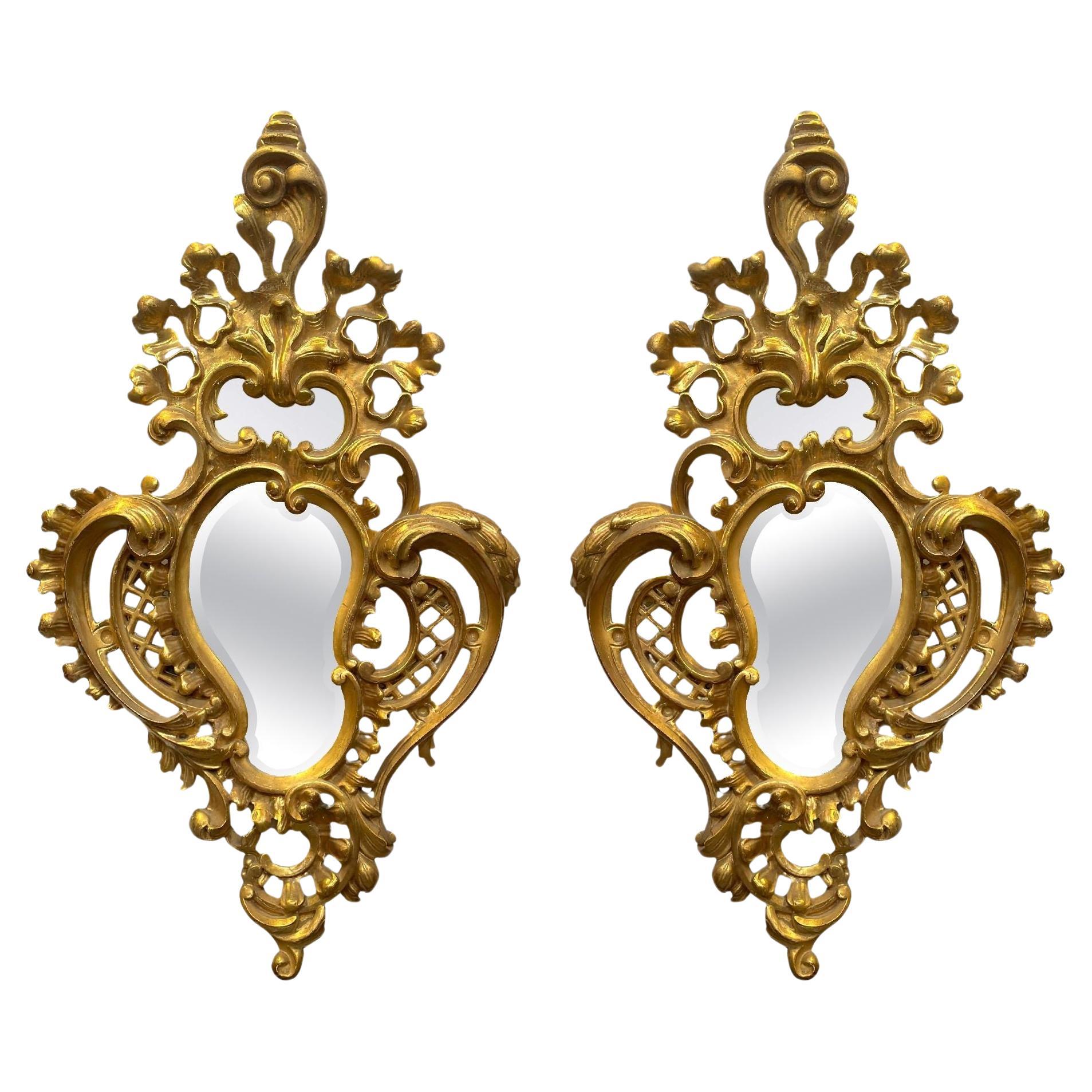 Pair of Italian Hand Carved Giltwood Mirrors, c. 1900's For Sale