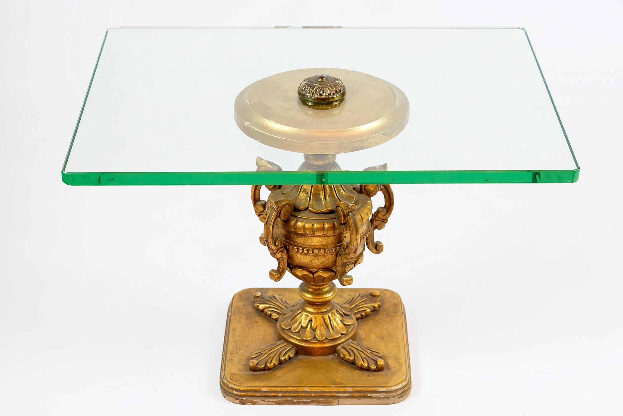 Pair of Italian Hand Carved Wood and Glass Top Side Tables (Hollywood Regency)