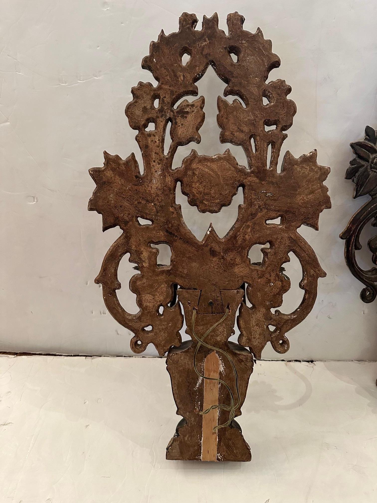 Pair of Italian Hand Carved Wood Sconces For Sale 3