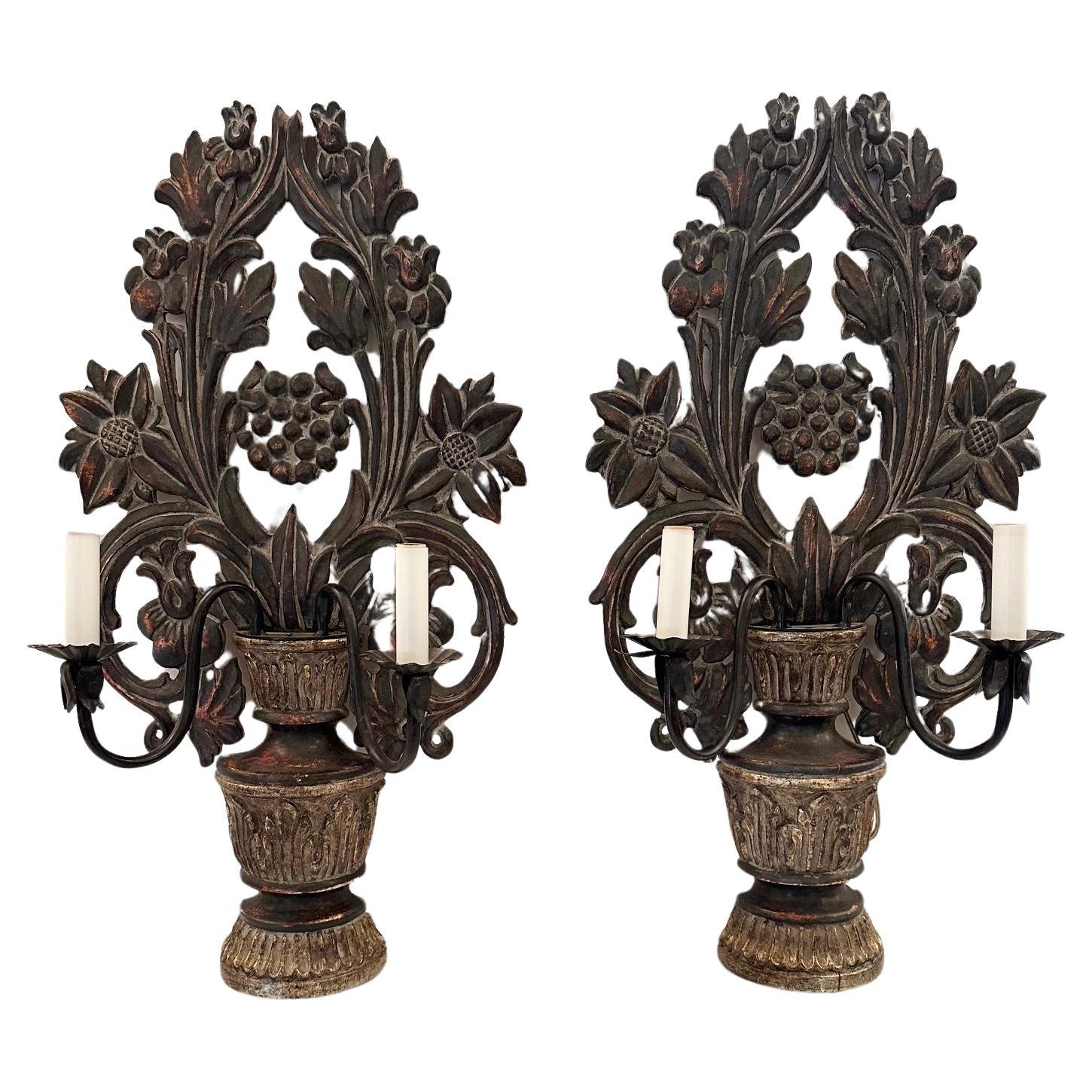 Pair of Italian Hand Carved Wood Sconces For Sale