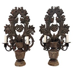 Pair of Very Large Impressive Italian Hand Carved Wood Sconces