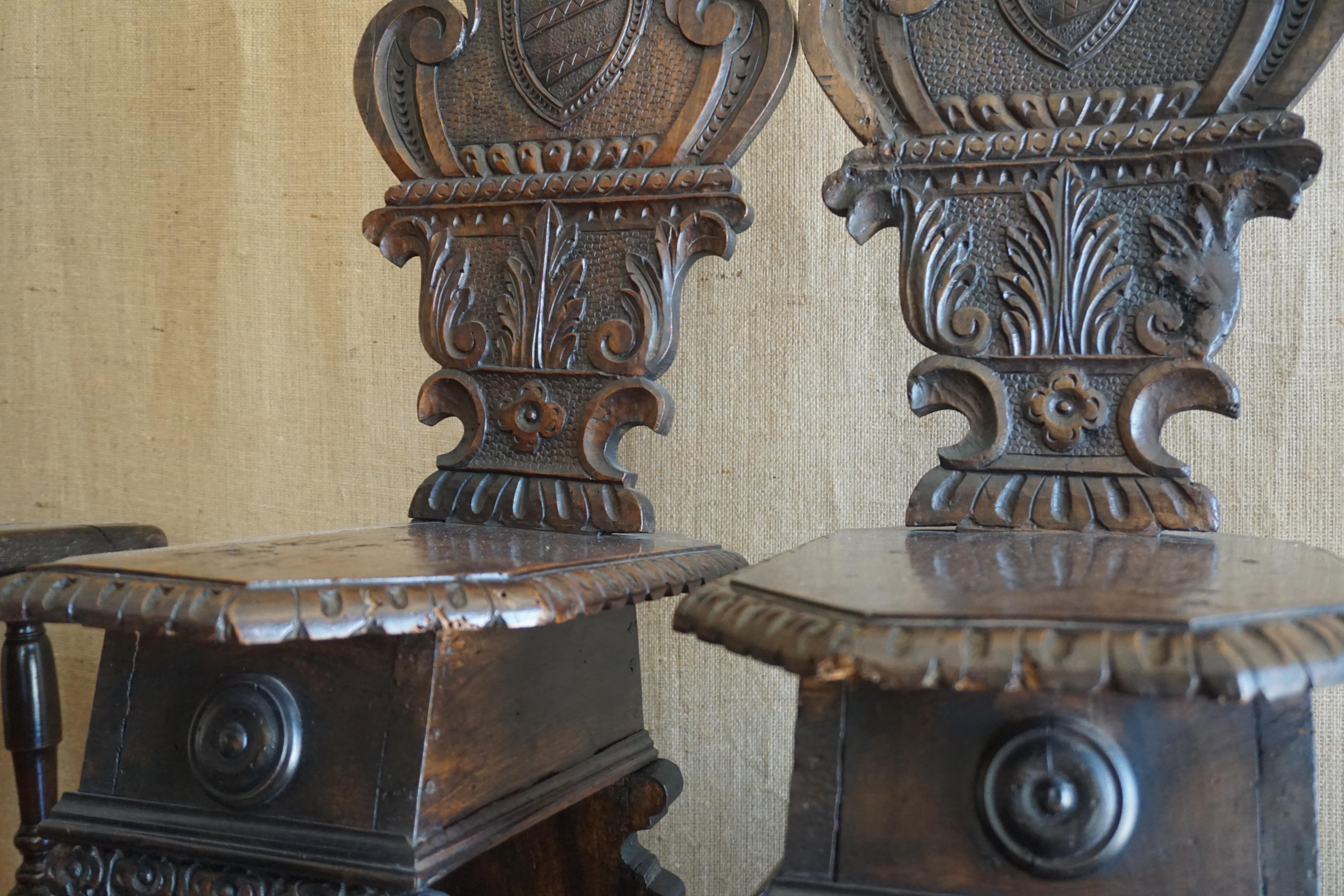 Renaissance Revival Pair of Italian Hand Carved Wooden Chairs, circa 1810