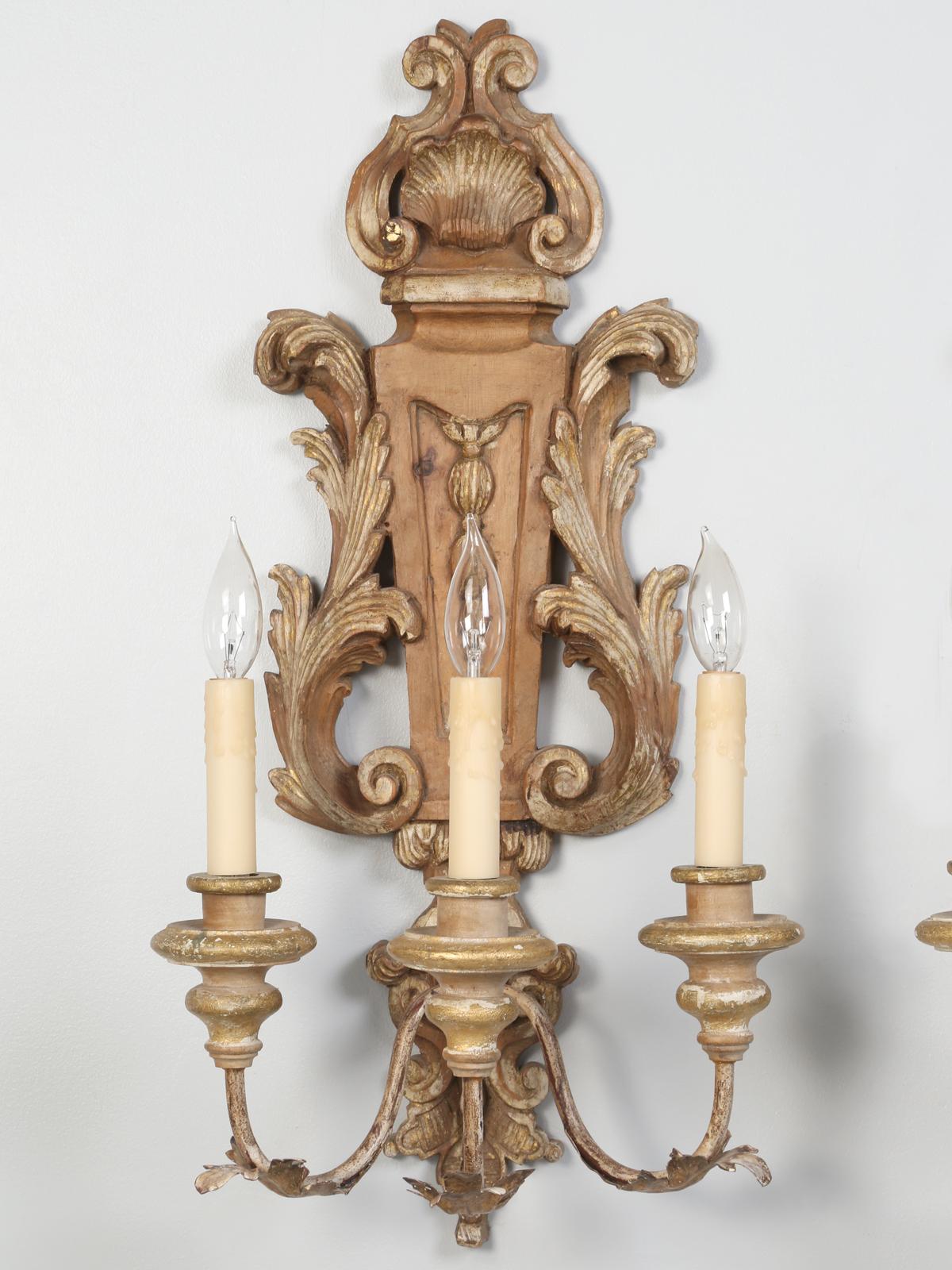 Hand-Carved Pair of Italian Hand Carved Wooden Sconces with Gold and Silver Leaf Accents