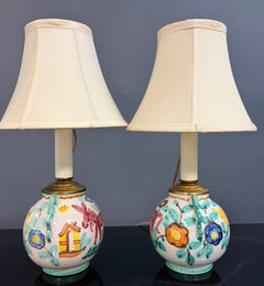 Pair of Italian Hand-Painted Ceramic Bedside Lamps with Stylized Animal Motifs