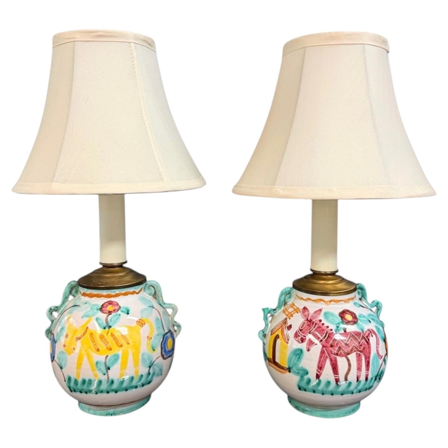 Pair of Italian Hand-Painted Ceramic Bedside Lamps with Stylized Animal Motifs