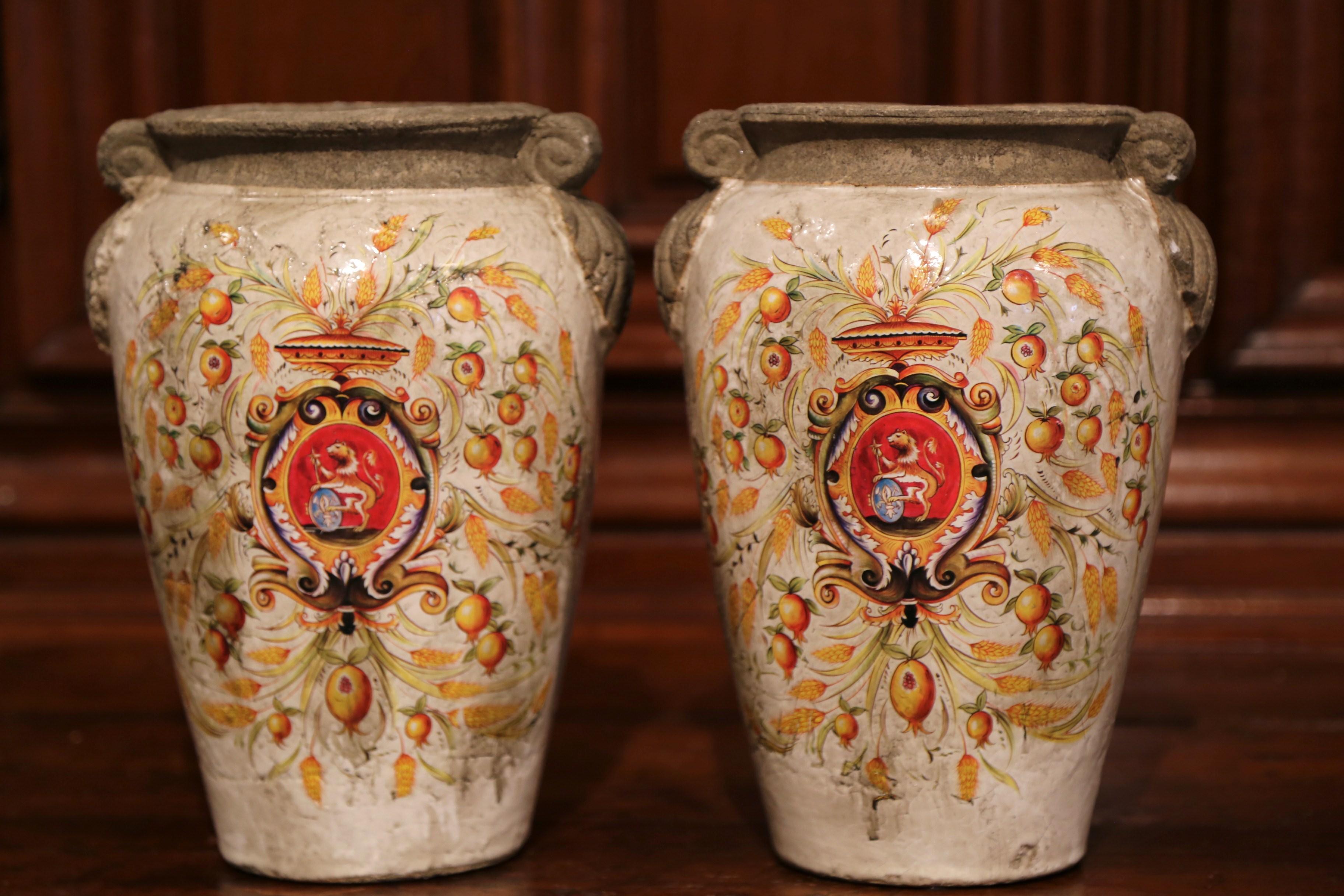 Hand-Painted Pair of Italian Hand Painted Ceramic Vases with Wheat and Fruit Decor For Sale