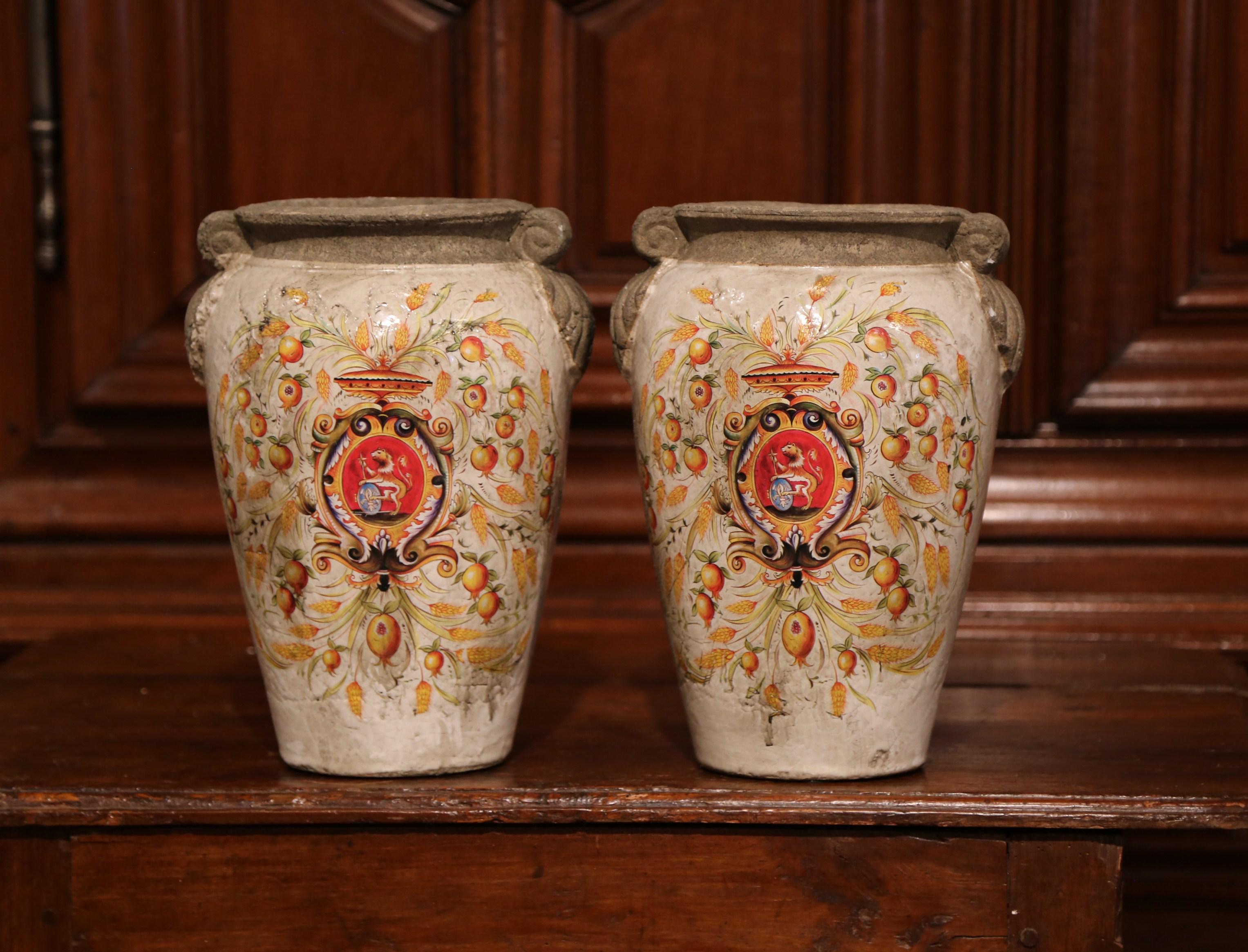 Pair of Italian Hand Painted Ceramic Vases with Wheat and Fruit Decor For Sale 1