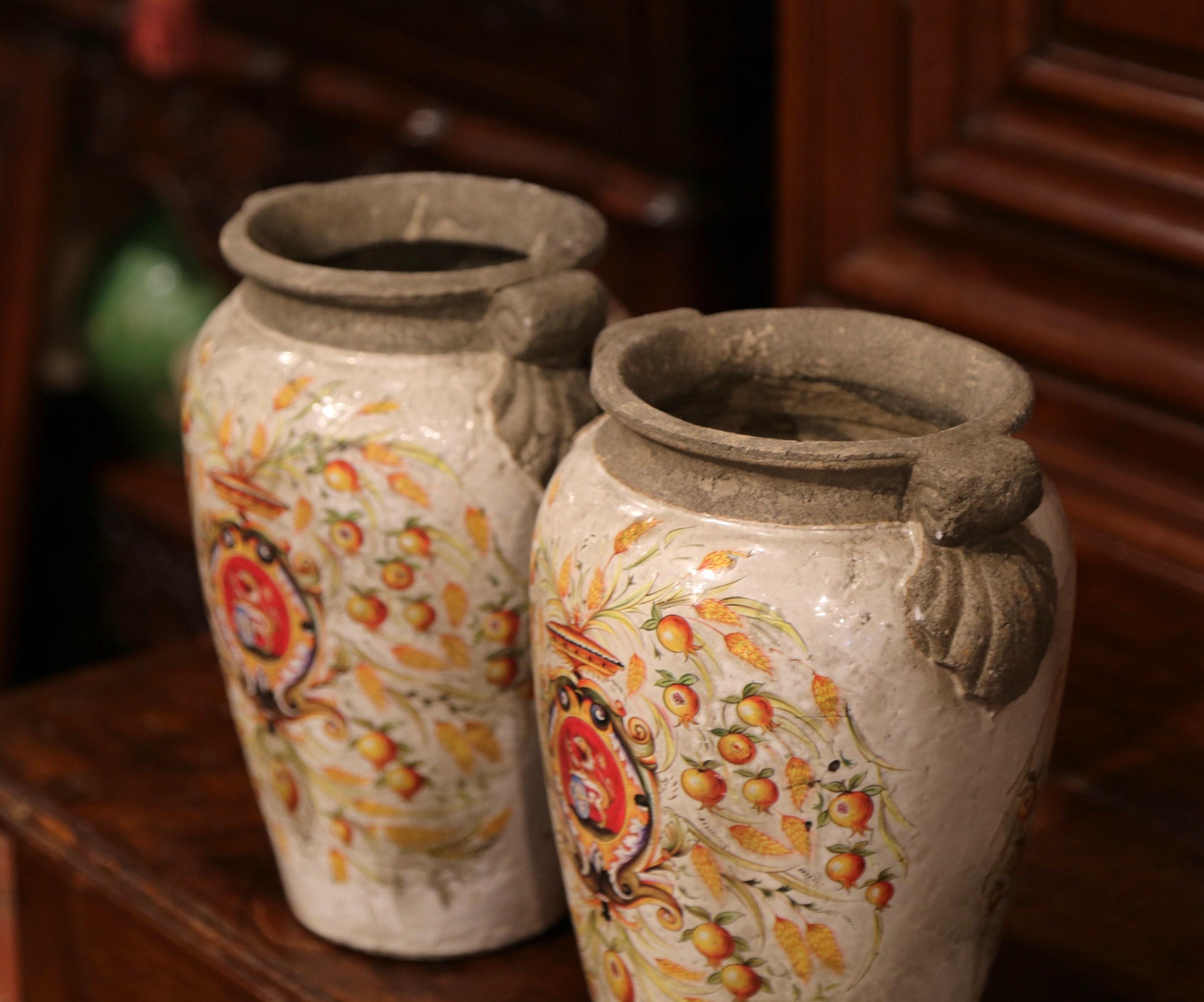 Pair of Italian Hand Painted Ceramic Vases with Wheat and Fruit Decor For Sale 2