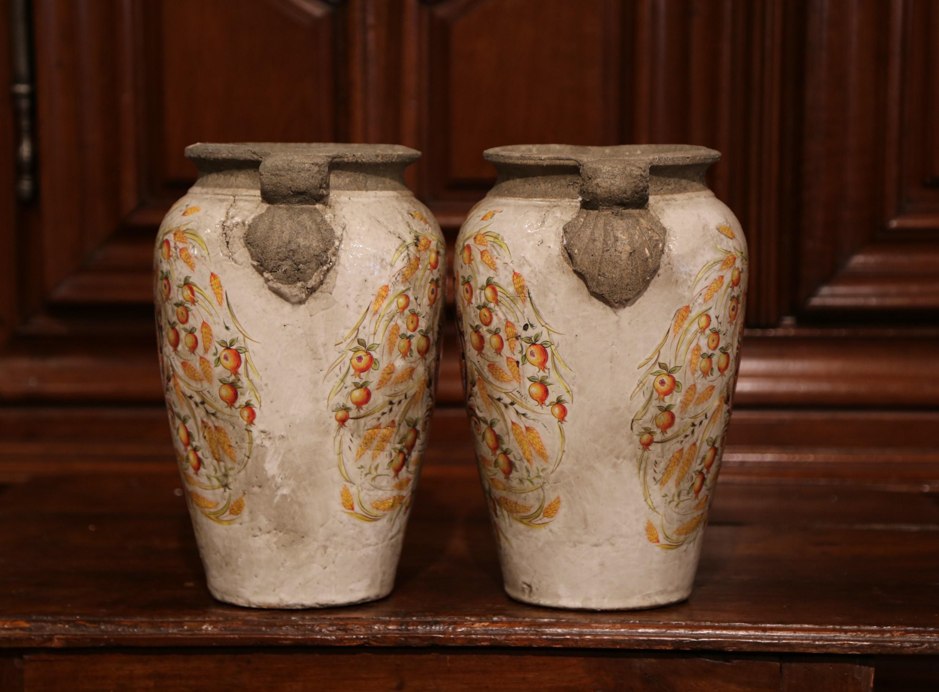 Pair of Italian Hand Painted Ceramic Vases with Wheat and Fruit Decor For Sale 3