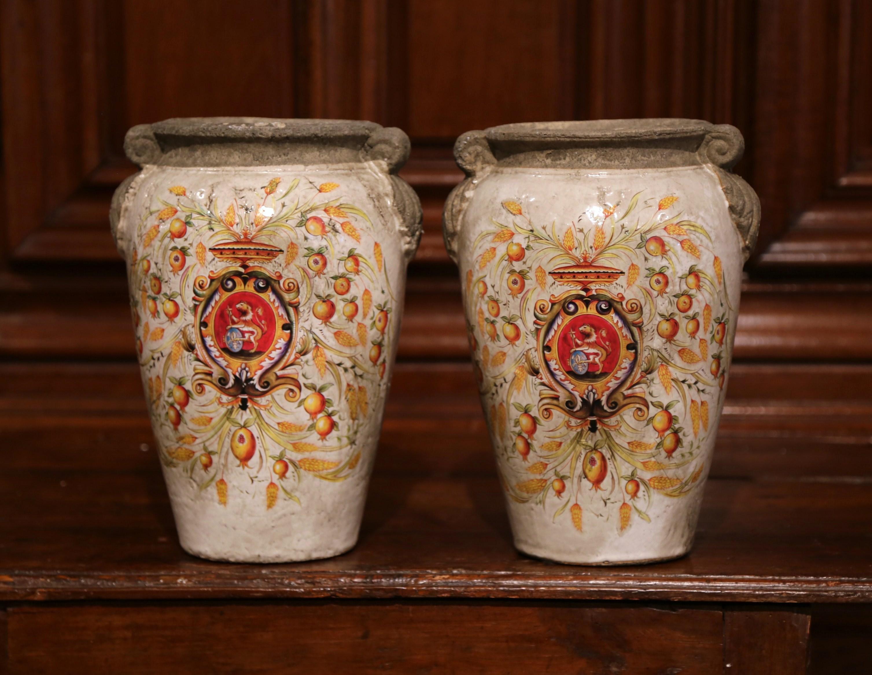 Pair of Italian Hand Painted Ceramic Vases with Wheat and Fruit Decor For Sale 4