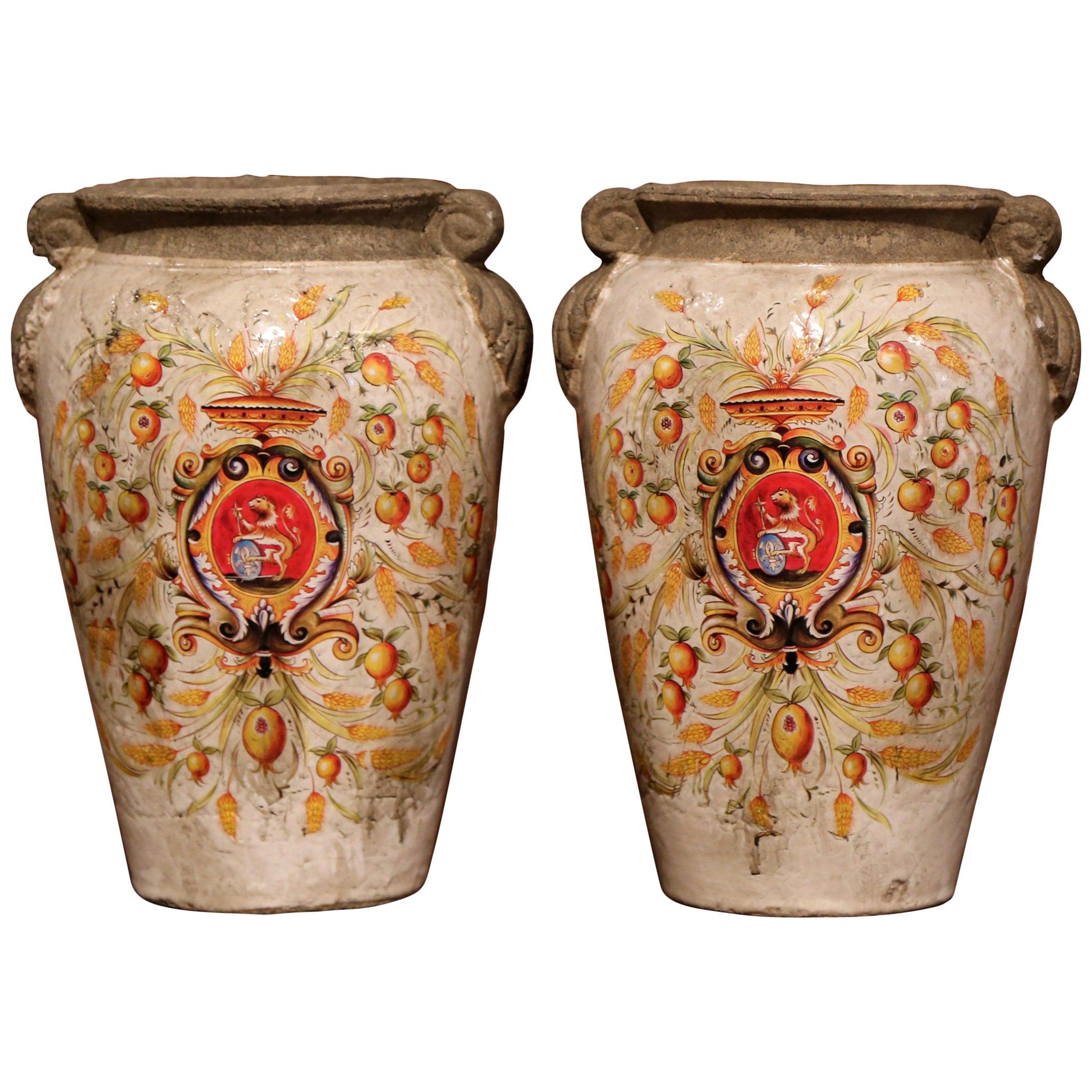 Pair of Italian Hand Painted Ceramic Vases with Wheat and Fruit Decor For Sale