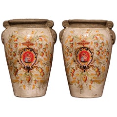 Retro Pair of Italian Hand Painted Ceramic Vases with Wheat and Fruit Decor