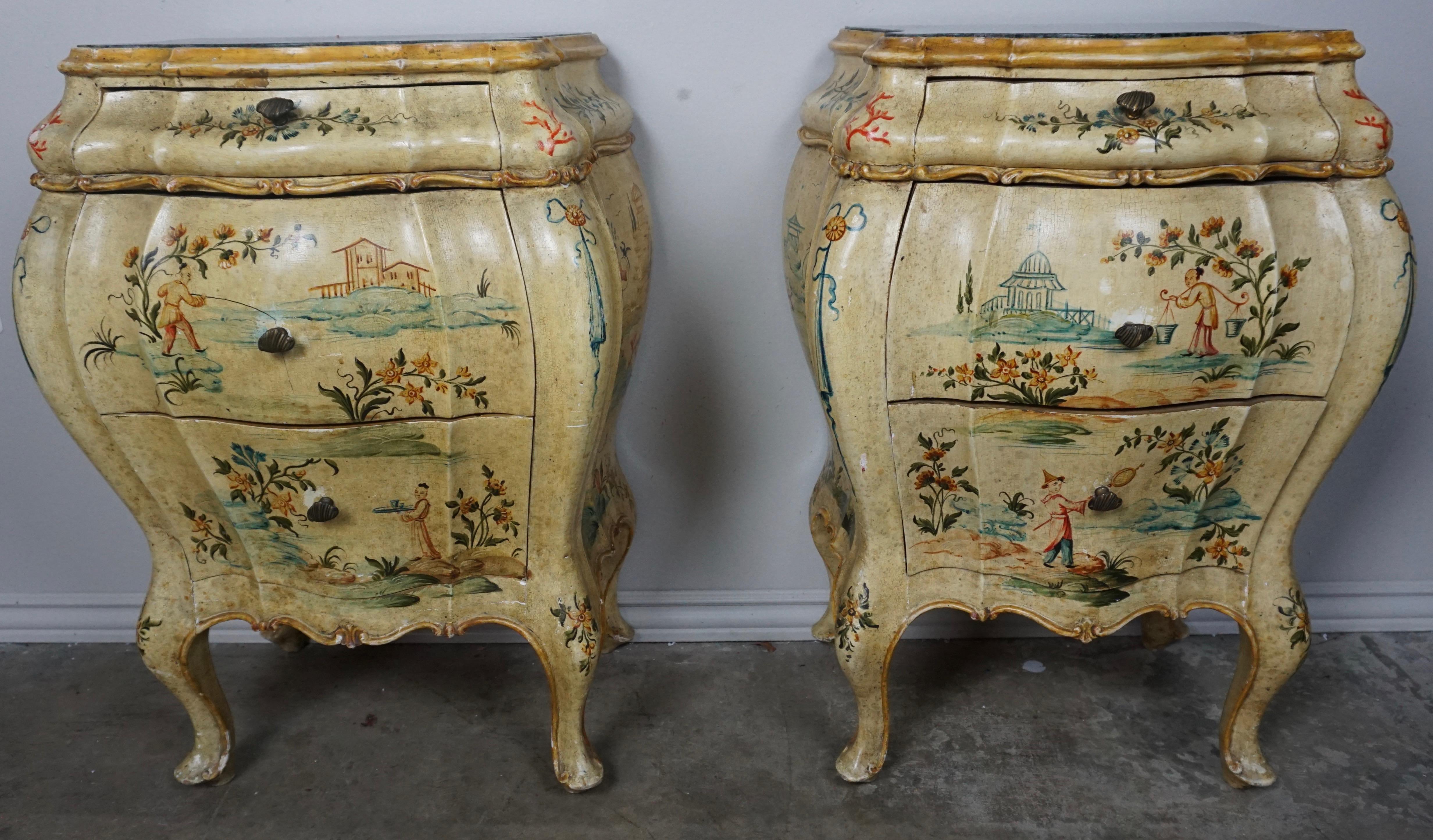 Pair of Italian Hand Painted Chinoiserie Chests, circa 1920 In Distressed Condition In Los Angeles, CA