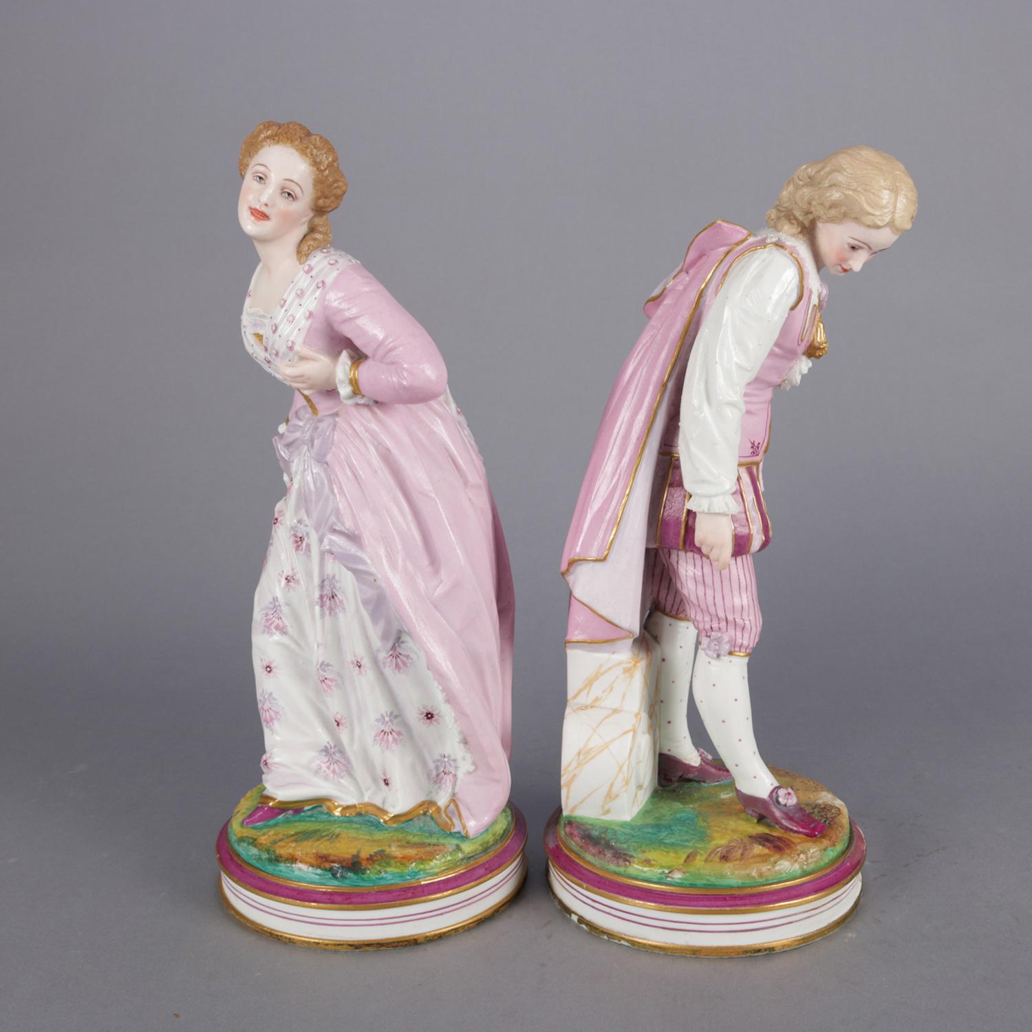 Pair of Italian Vincenzo-Bertolotti porcelain figures include hand-painted and gilt decorated courting couple in countryside, VB mark on base, circa 1940

Measures: 14.5