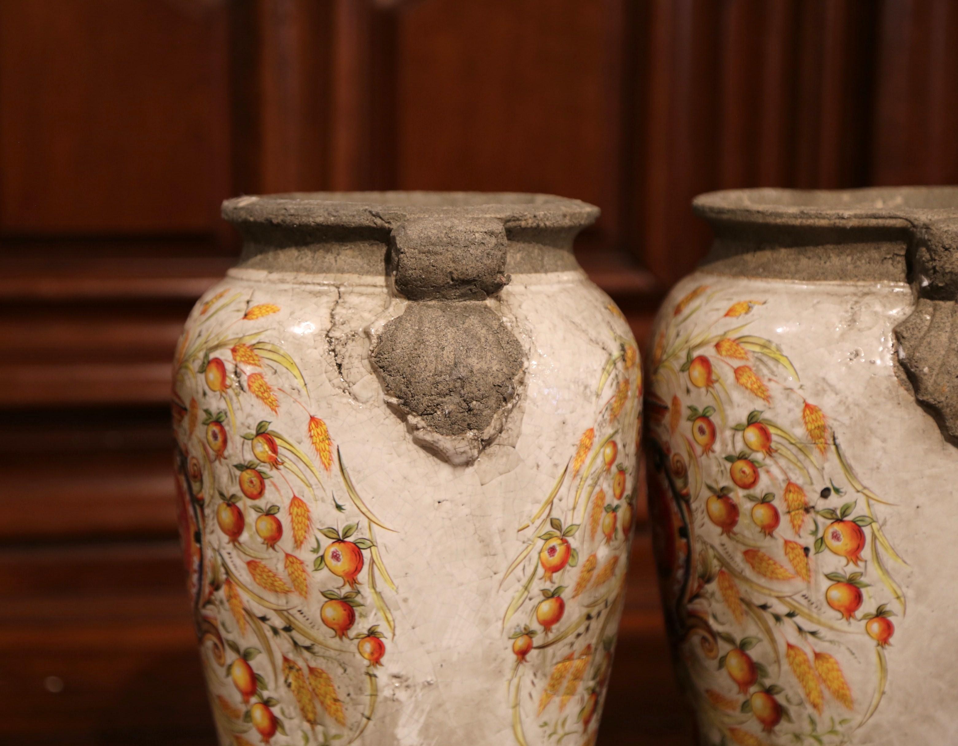 Pair of Italian Hand Painted Ceramic Vases with Wheat and Fruit Decor 5