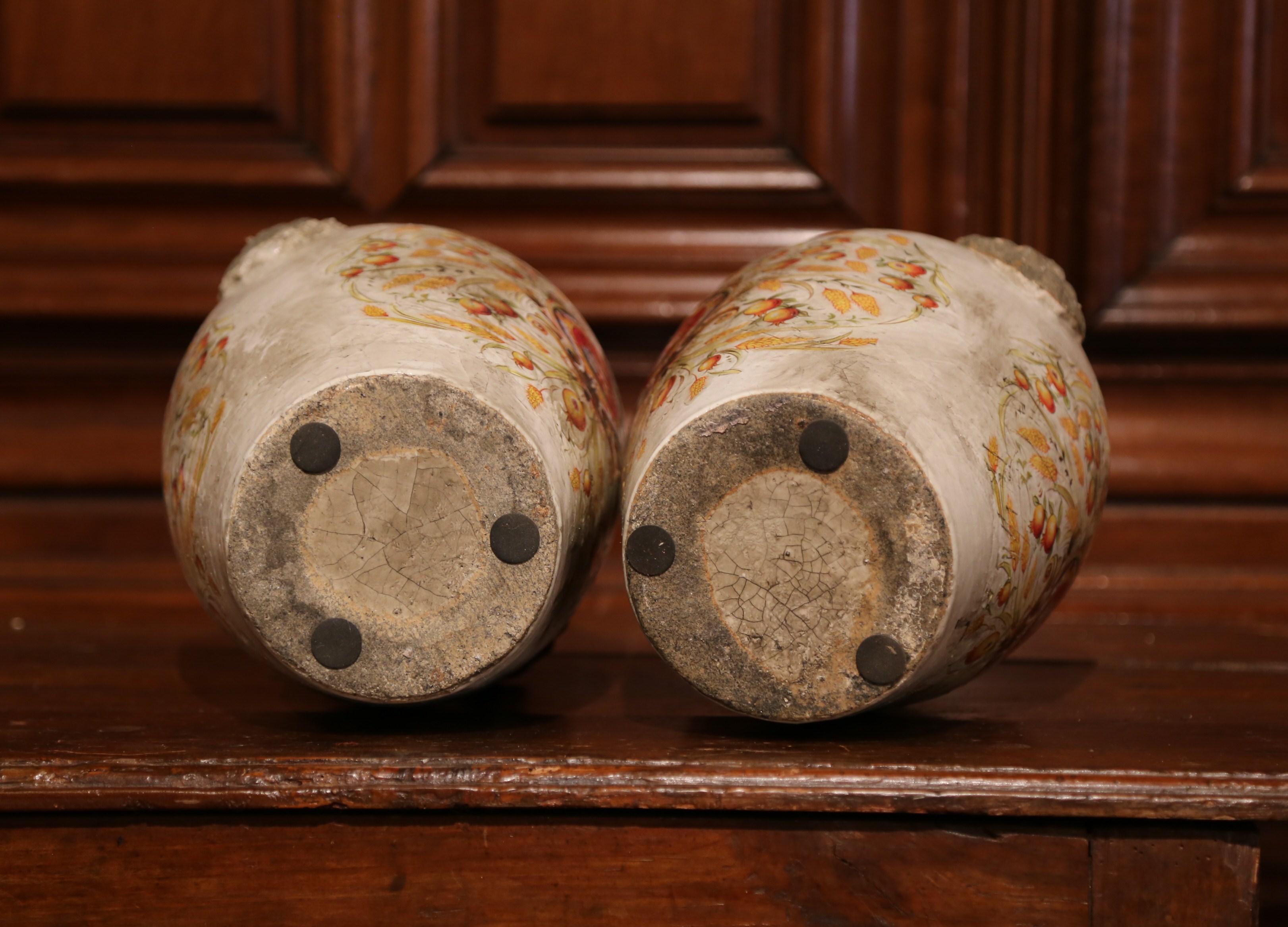 Pair of Italian Hand Painted Ceramic Vases with Wheat and Fruit Decor 6