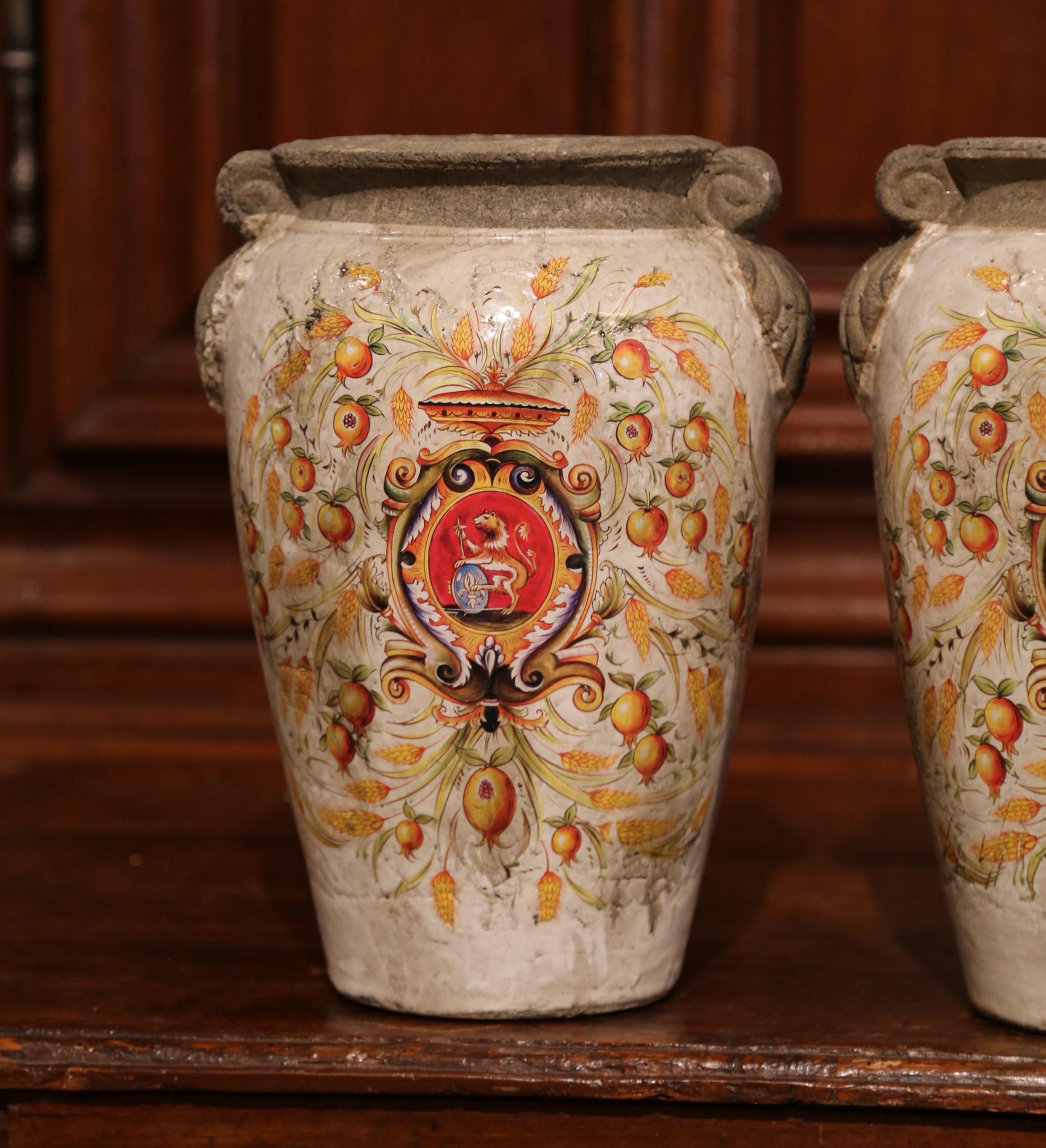 Hand-Painted Pair of Italian Hand Painted Ceramic Vases with Wheat and Fruit Decor
