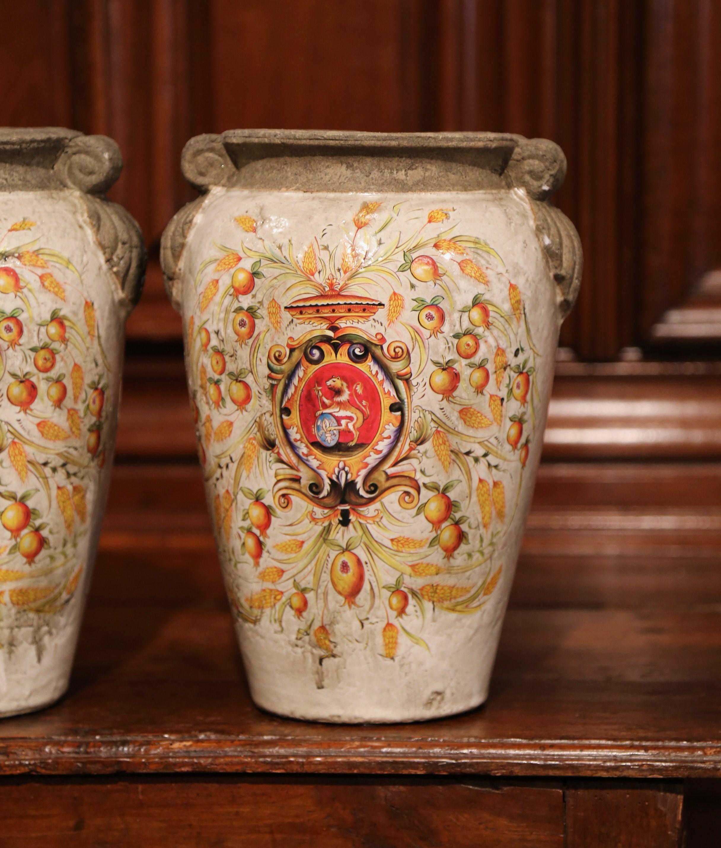 Pair of Italian Hand Painted Ceramic Vases with Wheat and Fruit Decor In Excellent Condition In Dallas, TX