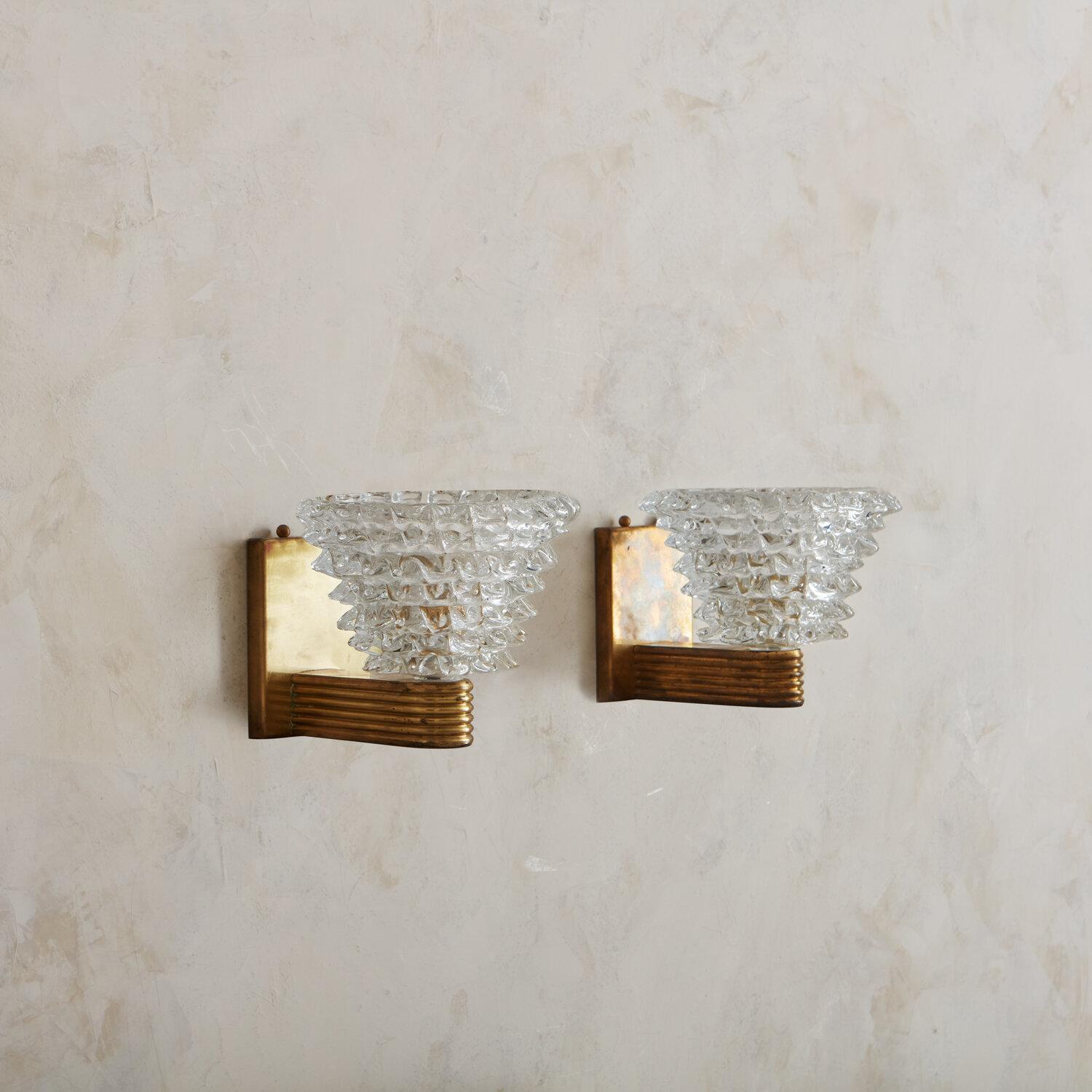 Mid-Century Modern Pair of Italian Handblown Glass Sconces with Brass Bases