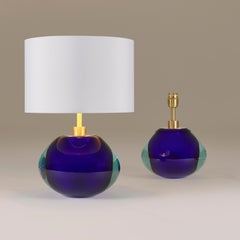 Pair of Italian handblown Elliptical blue and aqua Murano and brass table lamps