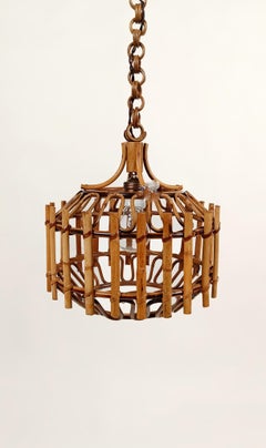 Pair of Italian Handcrafted Pendants Lights in Cane & Rattan, Albini style, 60s