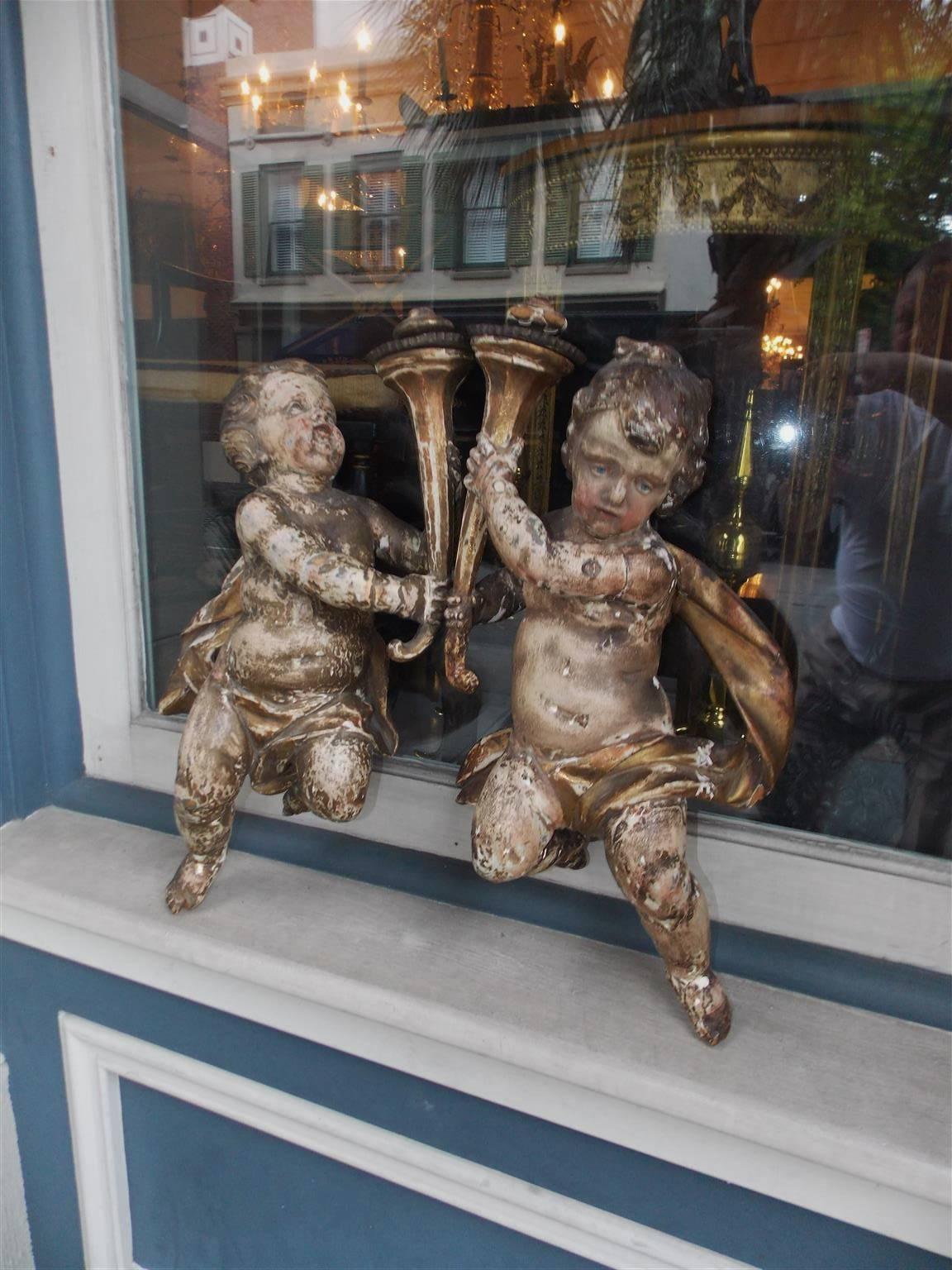 Pair of Italian Hanging Carved Wood and Polychromed Figural Putti, Circa 1790 In Excellent Condition In Hollywood, SC