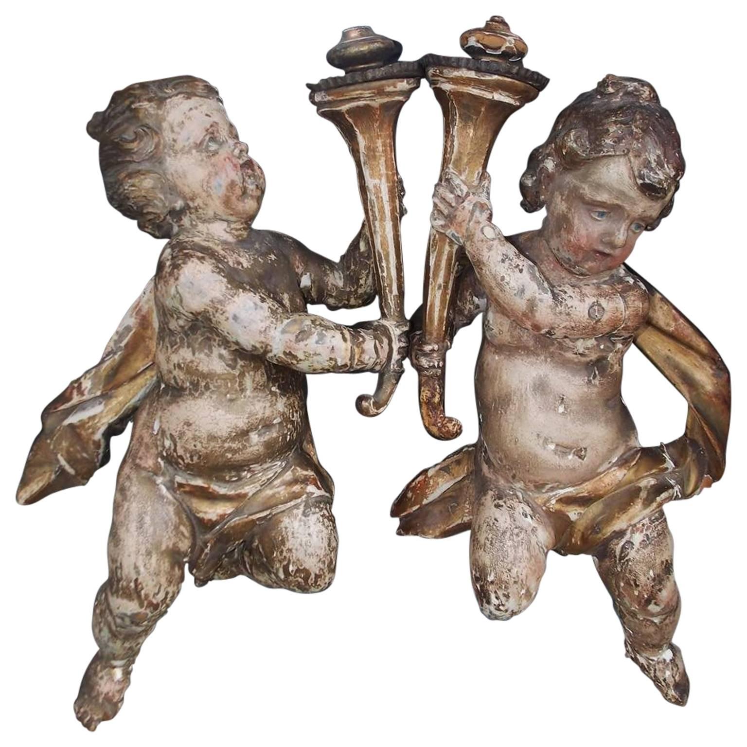 Pair of Italian Hanging Carved Wood and Polychromed Figural Putti, Circa 1790