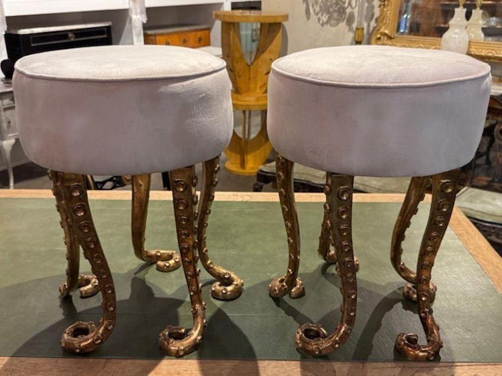 Paire de bancs octopus italiens en fer lourd et doré en vente 1