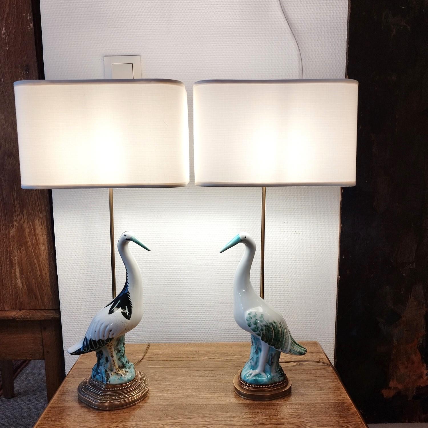 Pair of Italian heron lamps, gilt brass mounted base with custom made shades 4