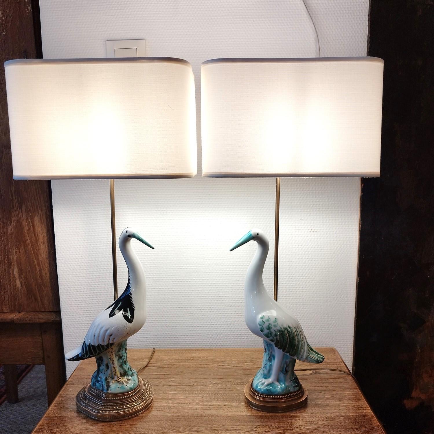 Pair of Italian heron lamps, gilt brass mounted base with custom made shades 5