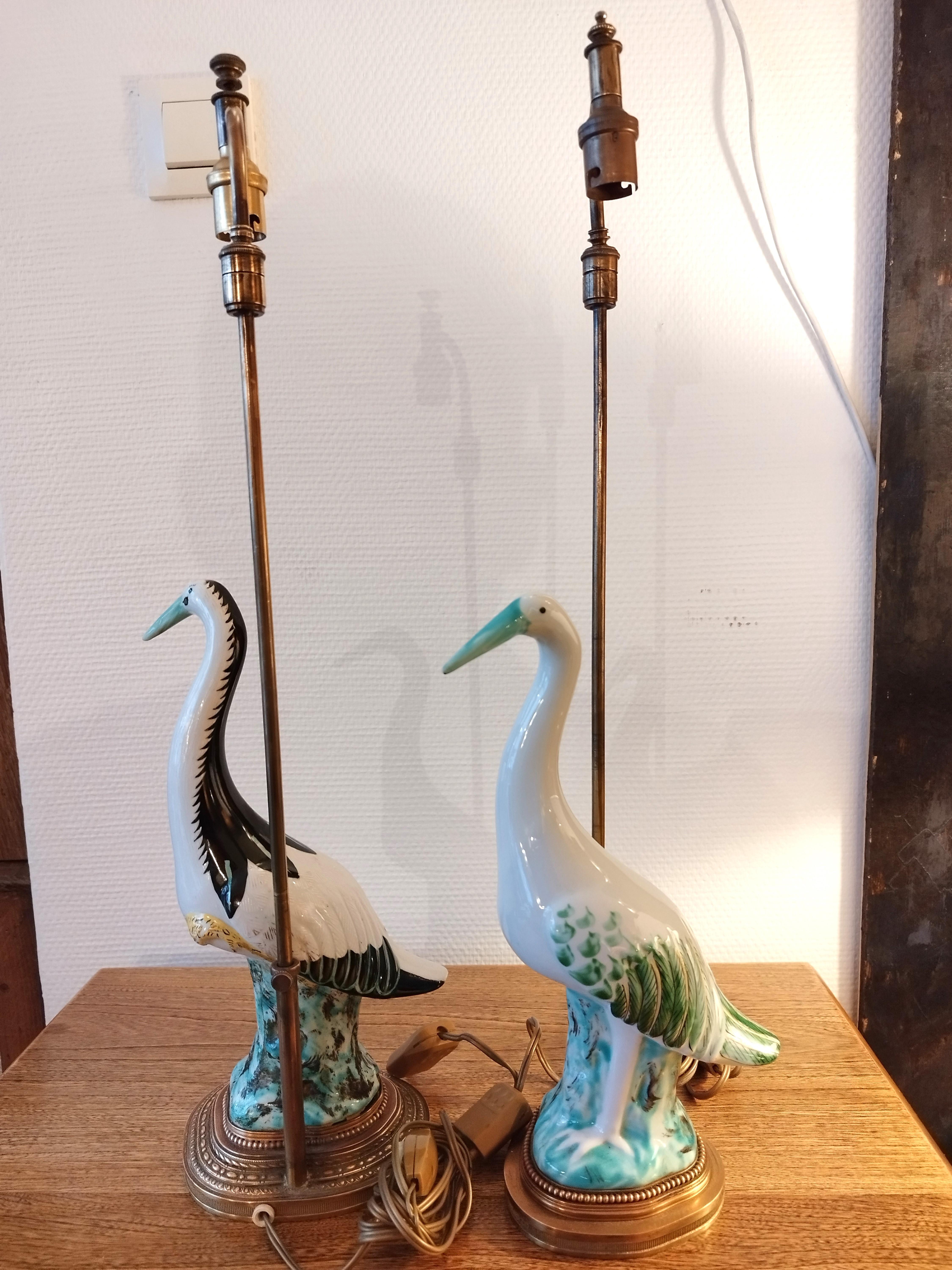 Hollywood Regency Pair of Italian heron lamps, gilt brass mounted base with custom made shades
