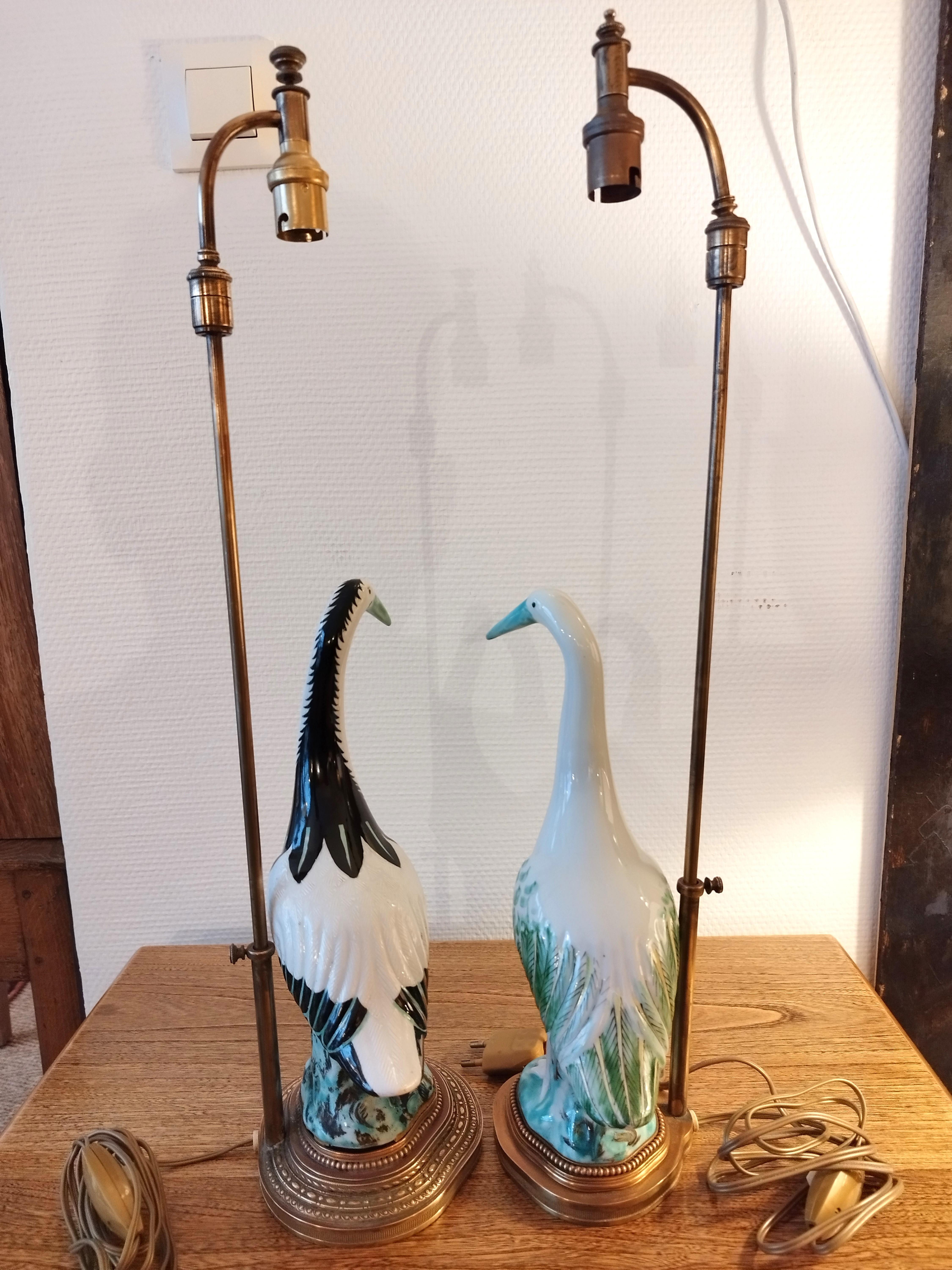 Pair of Italian heron lamps, gilt brass mounted base with custom made shades In Good Condition In NANTES, FR
