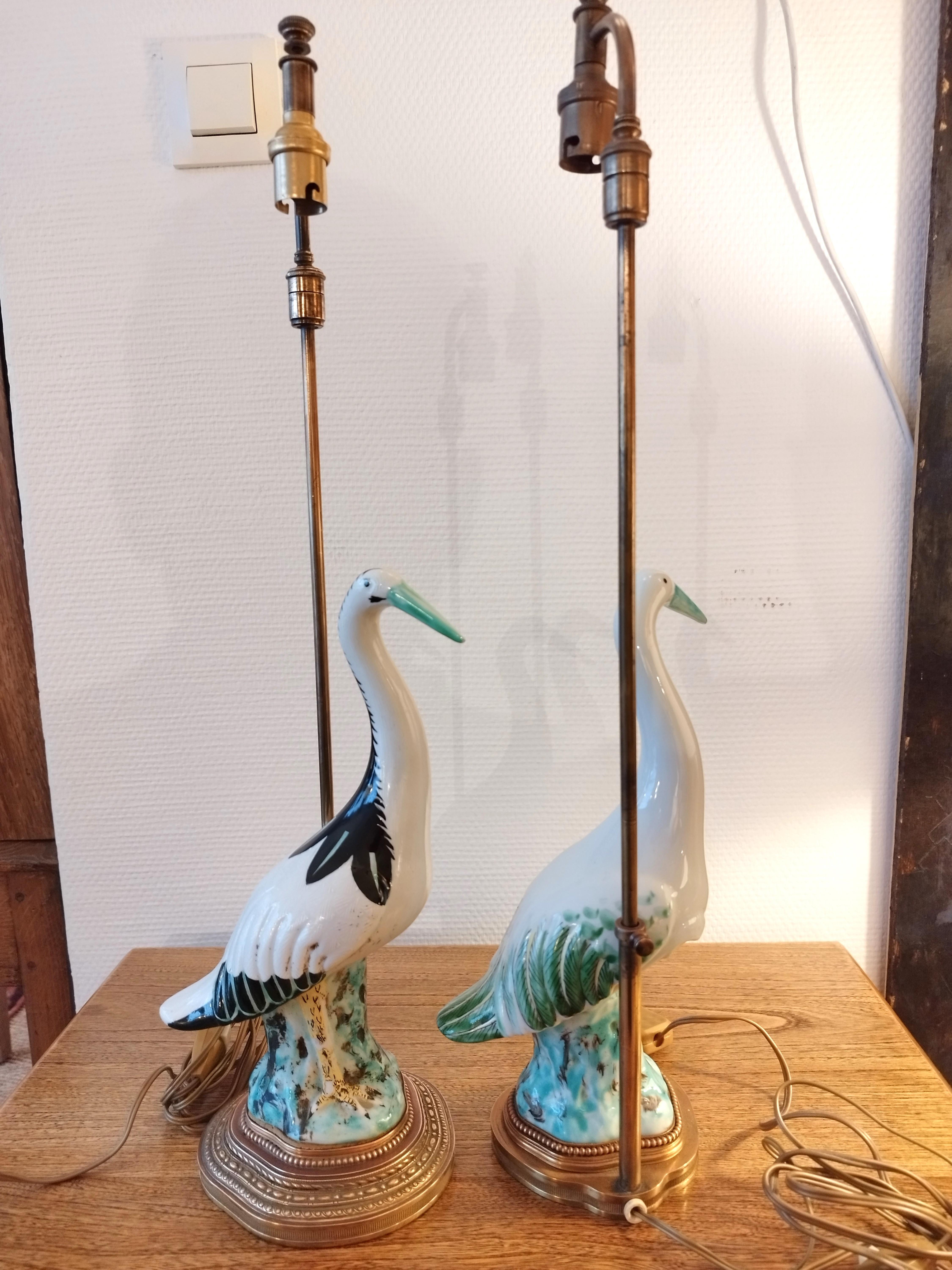 Late 20th Century Pair of Italian heron lamps, gilt brass mounted base with custom made shades