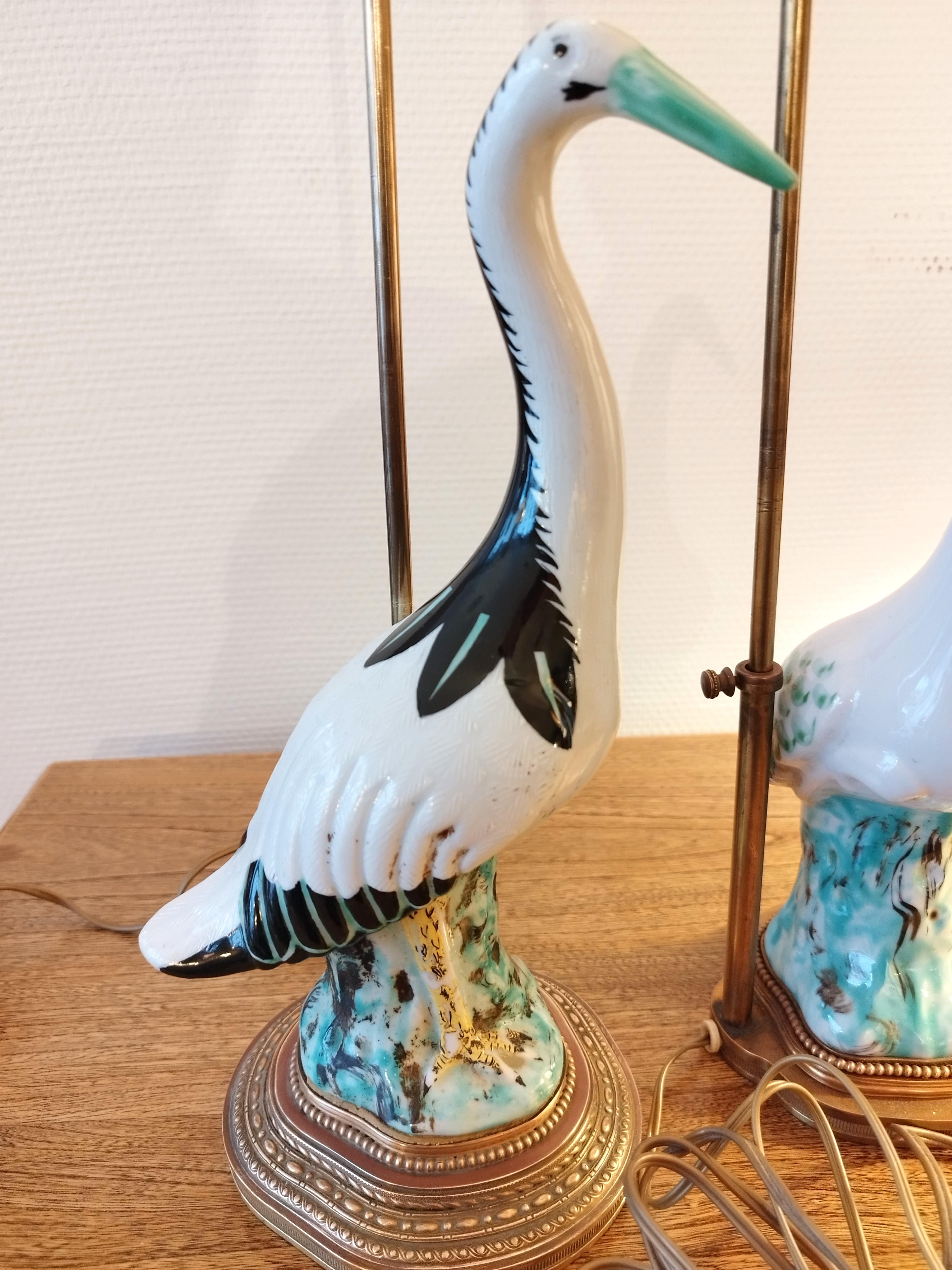 Brass Pair of Italian heron lamps, gilt brass mounted base with custom made shades