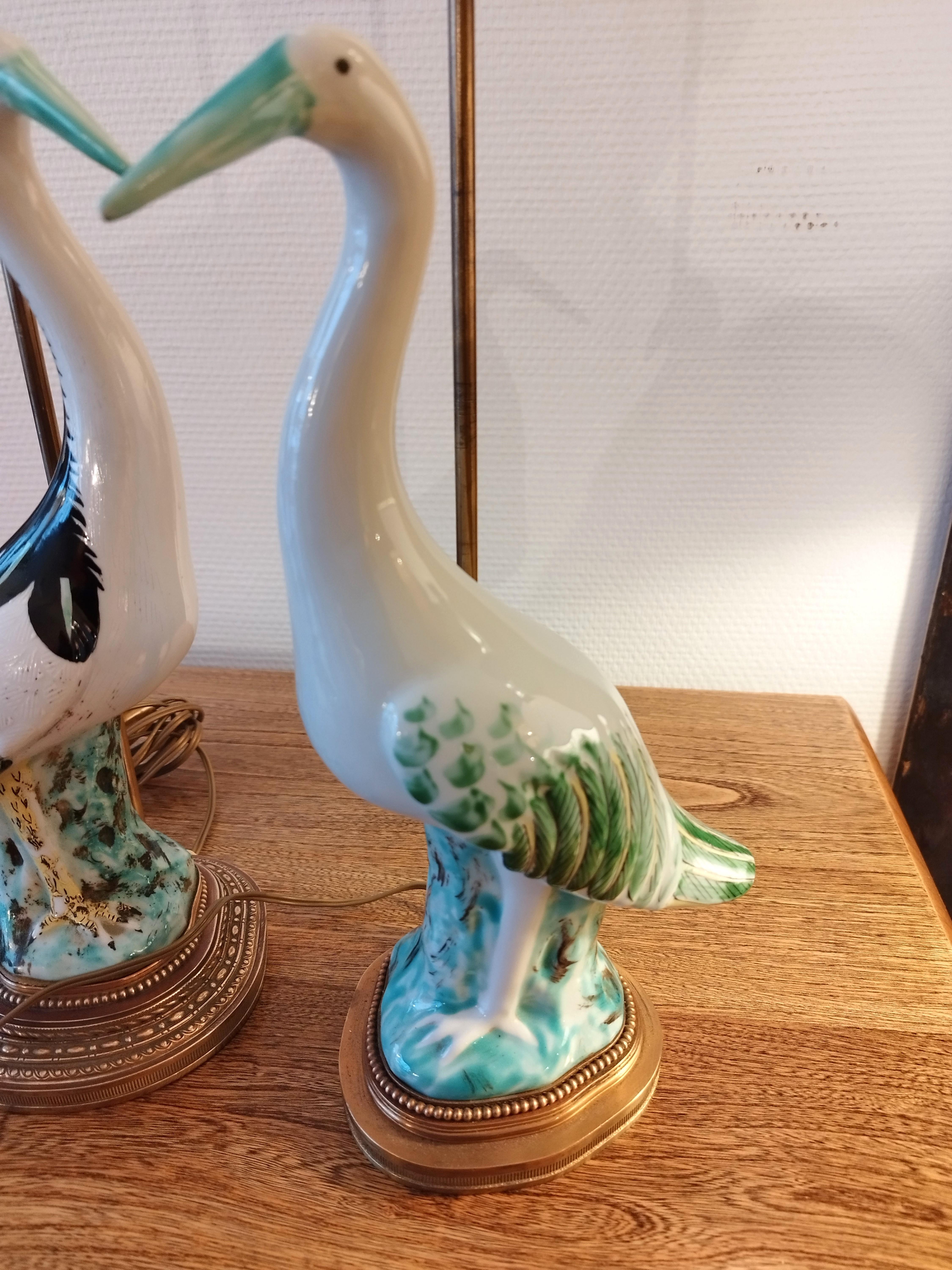 Pair of Italian heron lamps, gilt brass mounted base with custom made shades 1