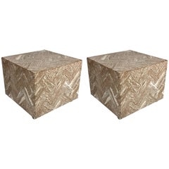 Pair of Italian Herringbone Marble Cube Side Tables