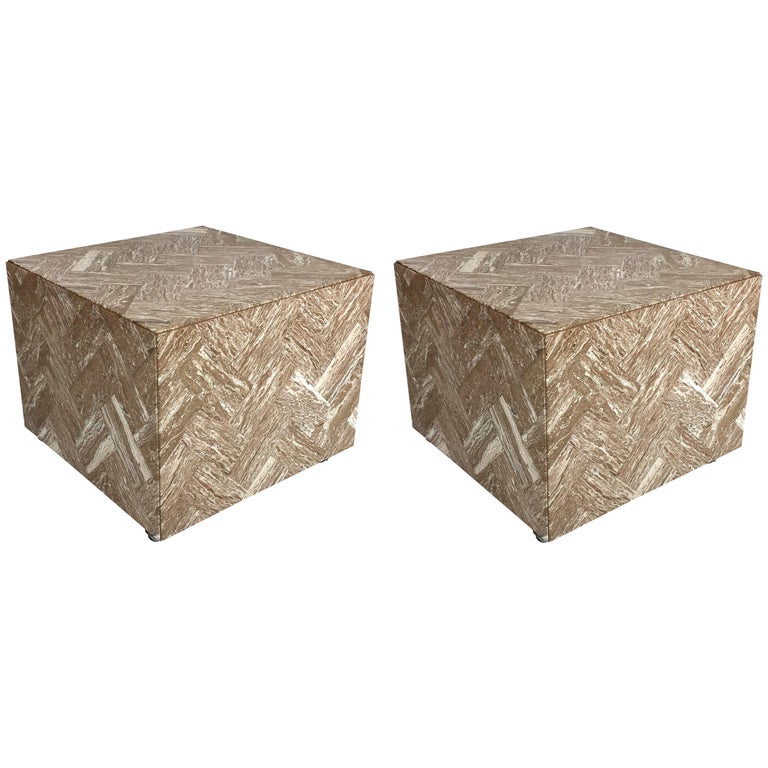 Pair Of Italian Herringbone Marble Cube Side Tables