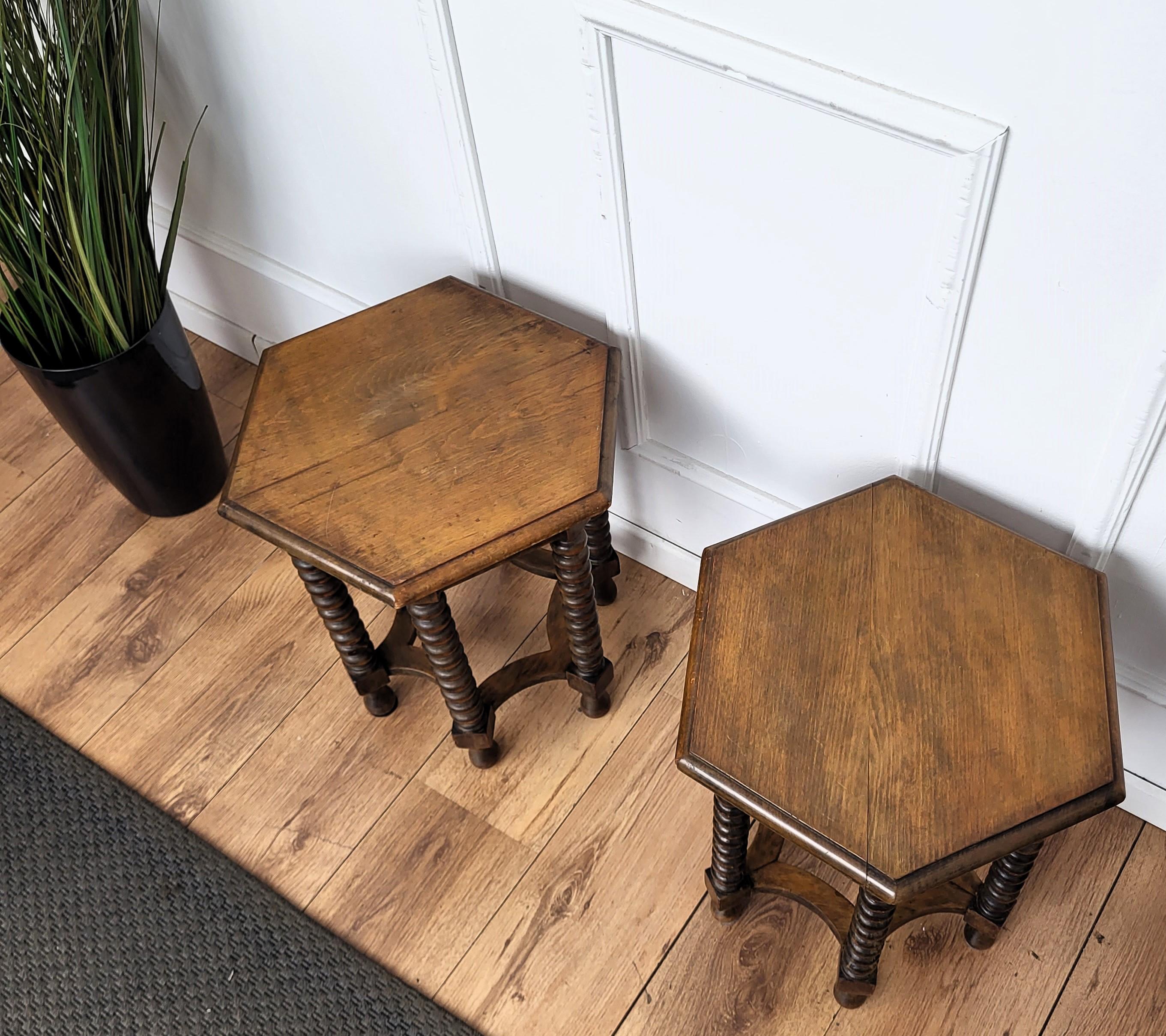 Renaissance Pair of Italian Hexagonal Walnut Side Tables Stools with Bobbin Turned Legs