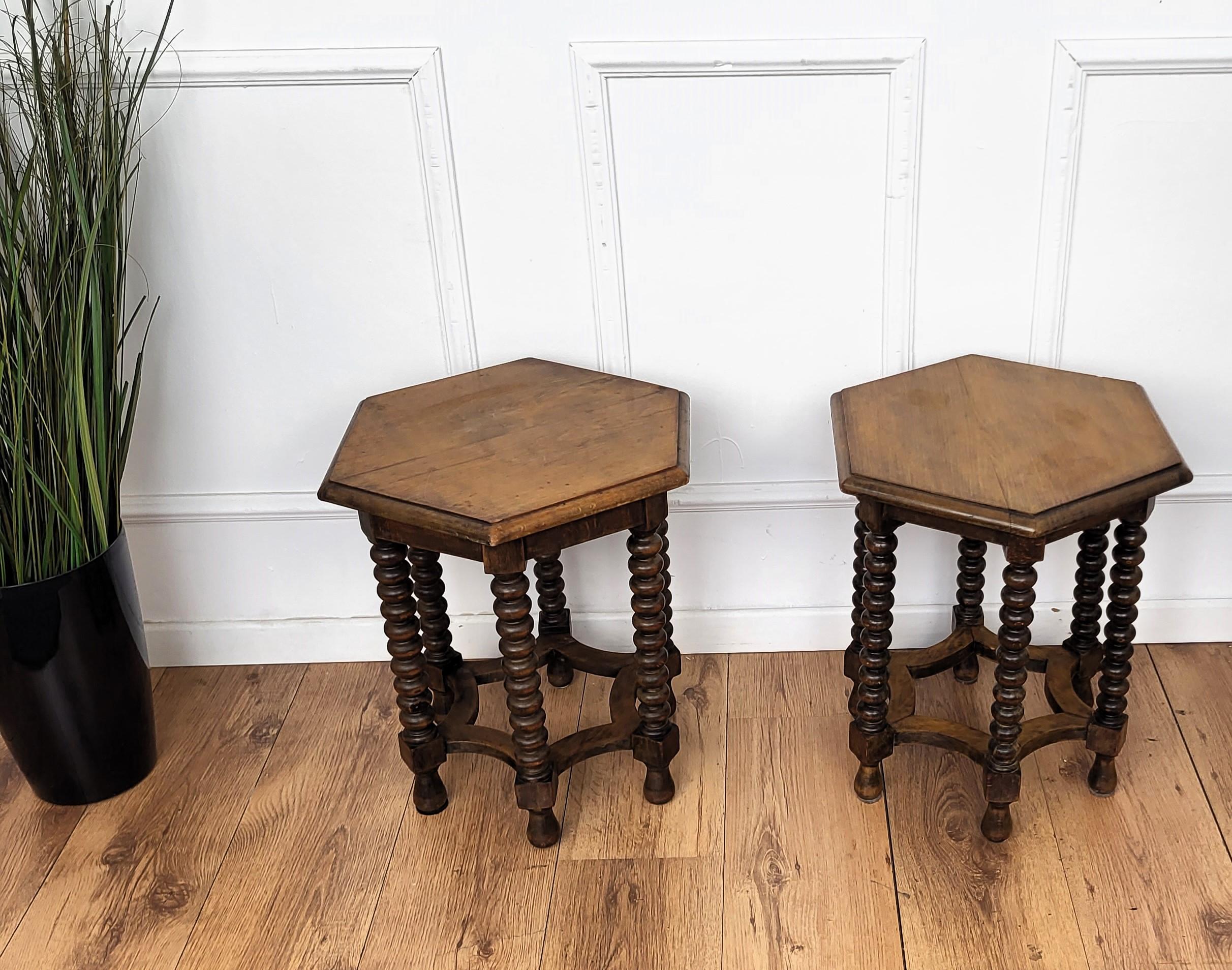 20th Century Pair of Italian Hexagonal Walnut Side Tables Stools with Bobbin Turned Legs