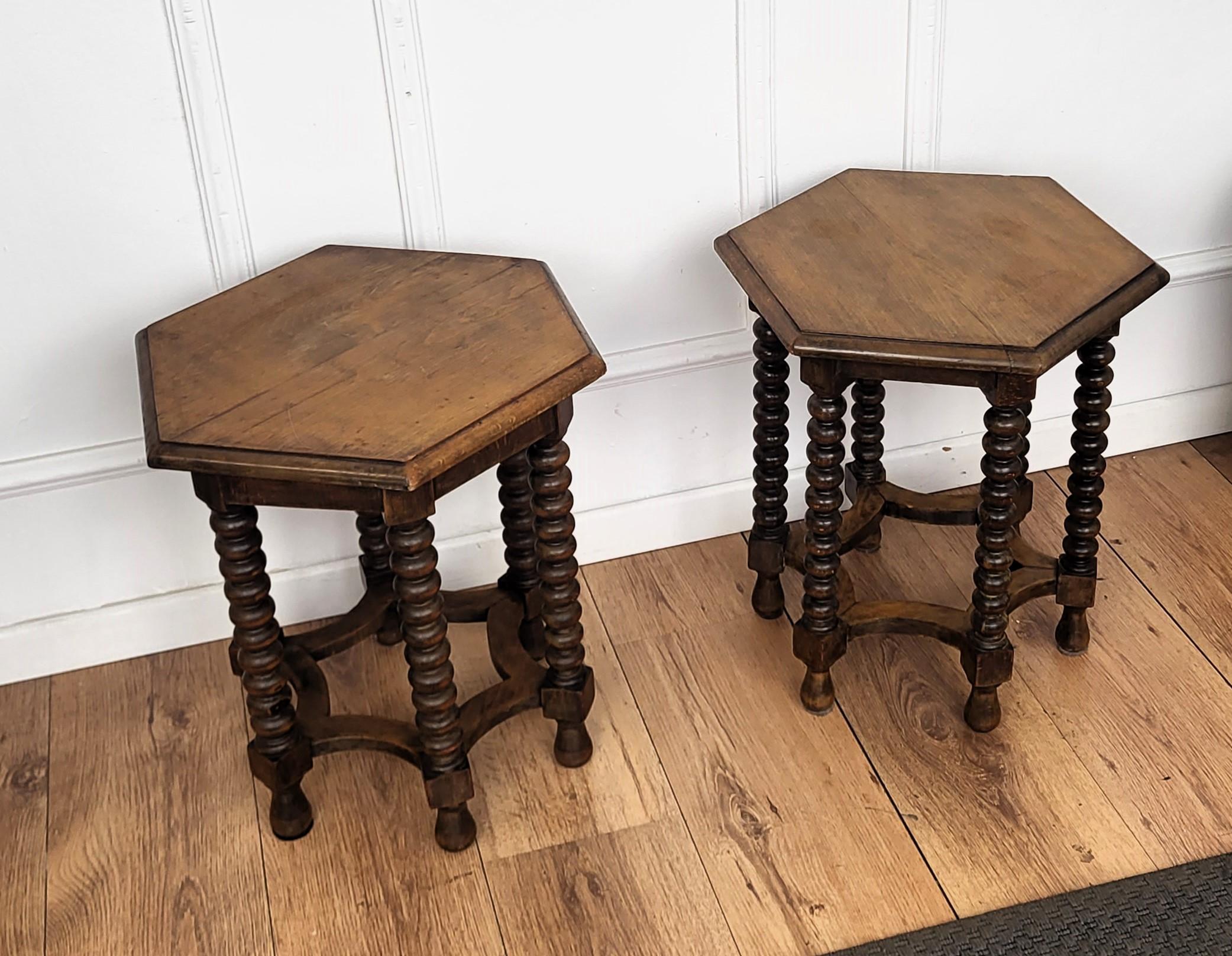 Wood Pair of Italian Hexagonal Walnut Side Tables Stools with Bobbin Turned Legs