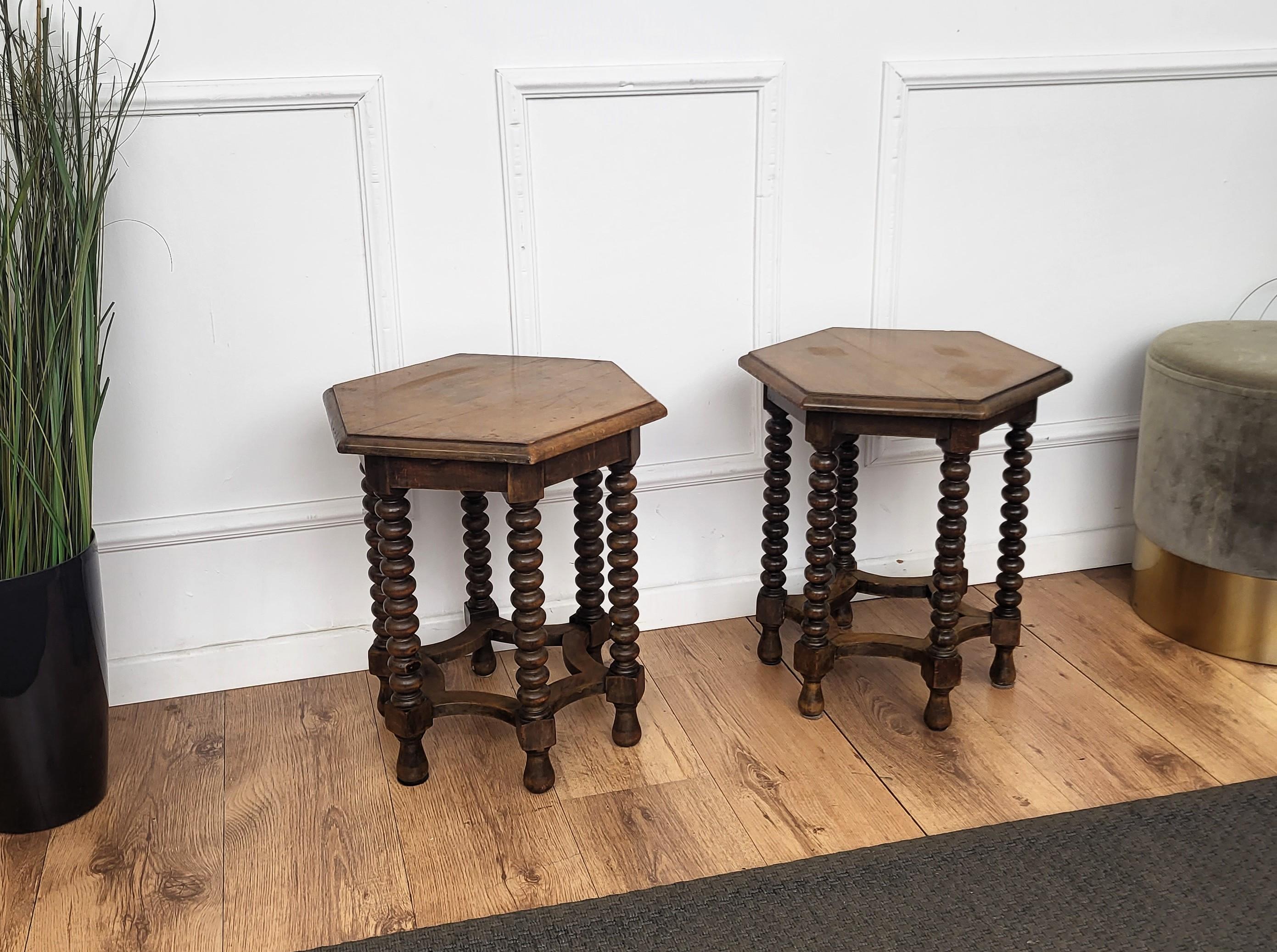 Pair of Italian Hexagonal Walnut Side Tables Stools with Bobbin Turned Legs 1