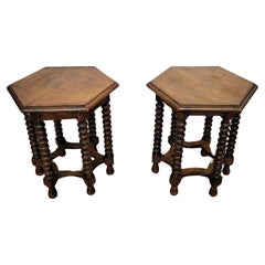Pair of Italian Hexagonal Walnut Side Tables Stools with Bobbin Turned Legs