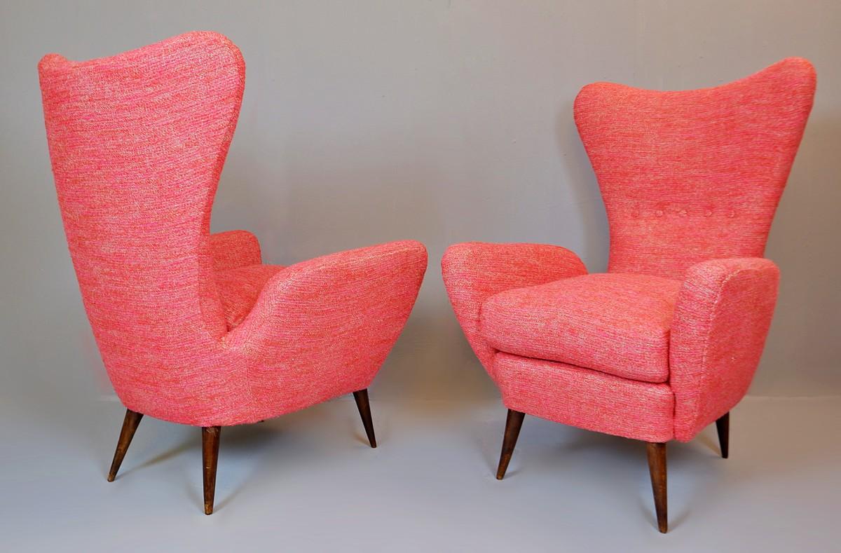 Pair of Italian High Back Armchairs 1950, Attributed Paolo Buffa, New Upholstery 1