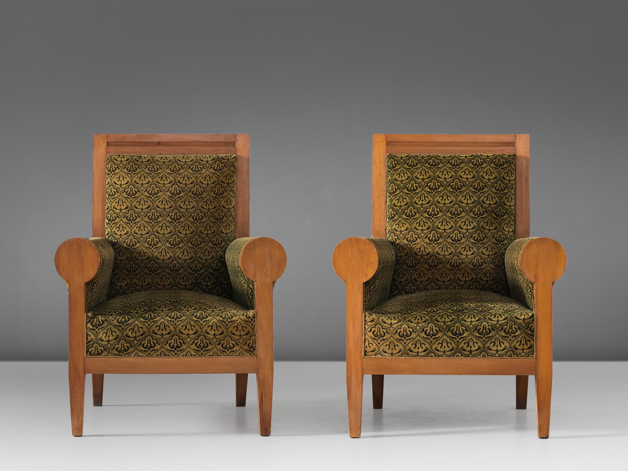 Mid-Century Modern Pair of Italian High Back Armchairs in Green Fabric Upholstery