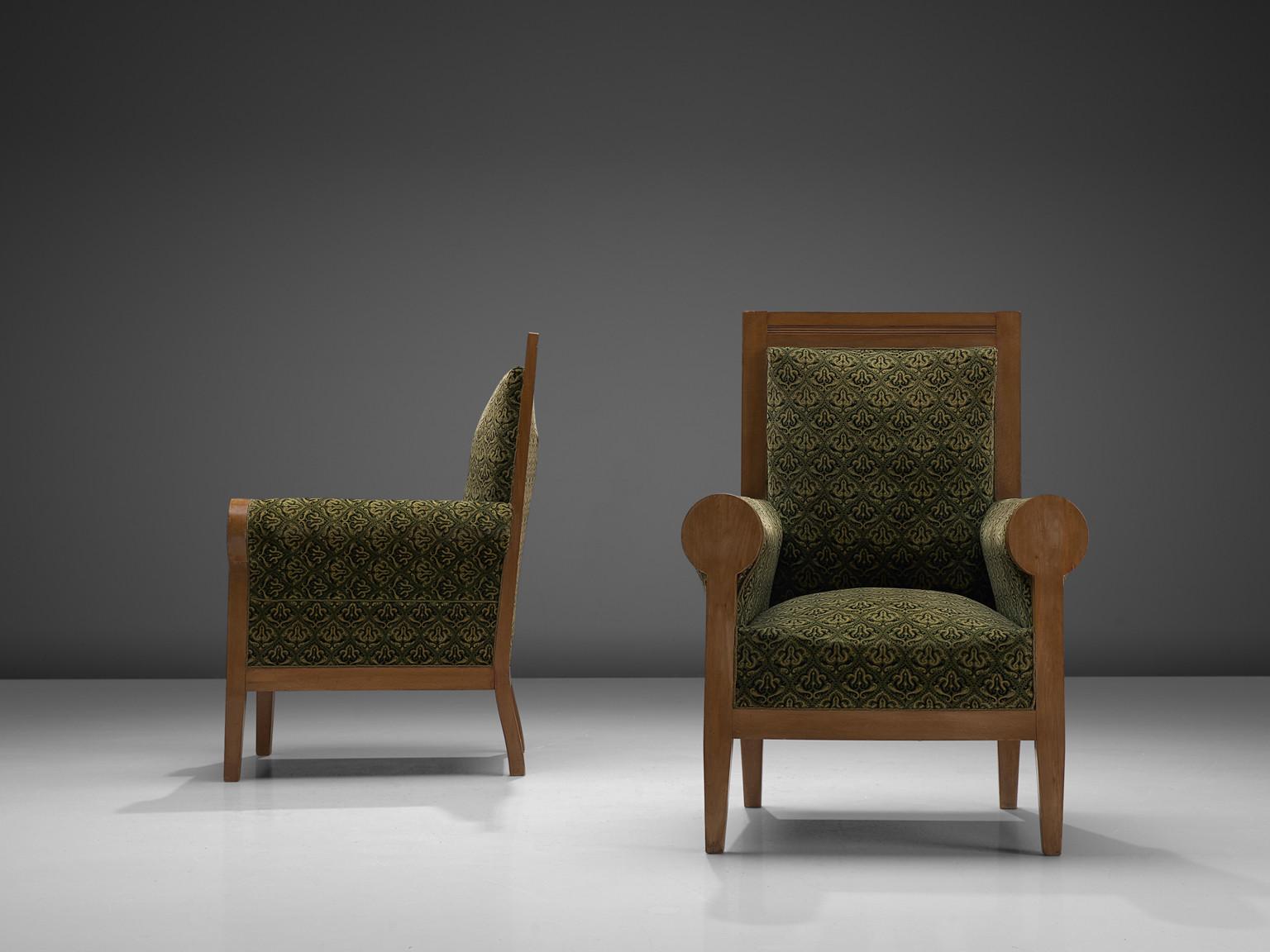 Mid-Century Modern Pair of Italian High Back Armchairs in Green Fabric Upholstery