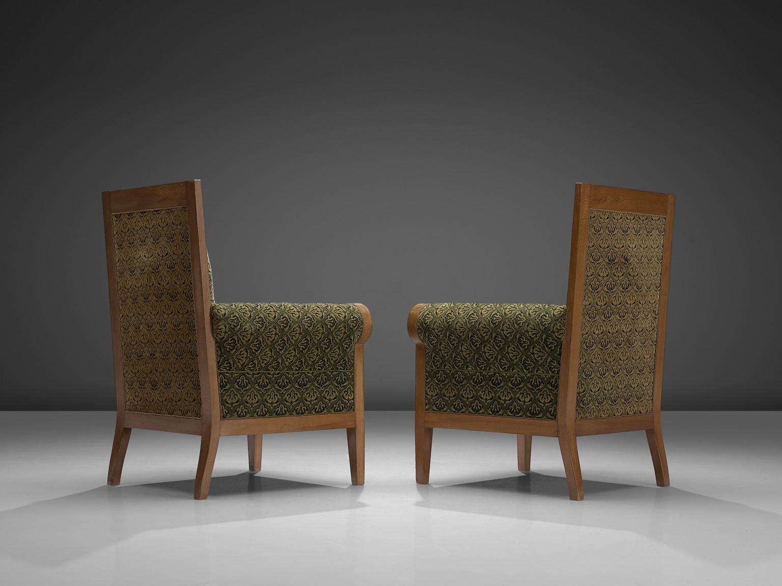 Pair of Italian High Back Armchairs in Green Fabric Upholstery In Good Condition In Waalwijk, NL