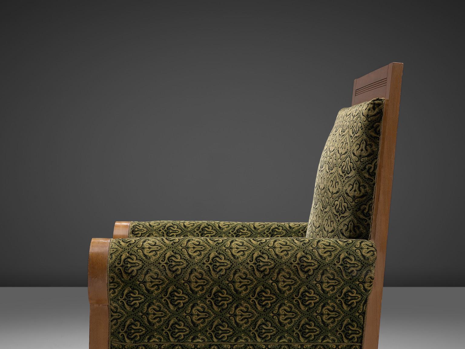 Mid-20th Century Pair of Italian High Back Armchairs in Green Fabric Upholstery